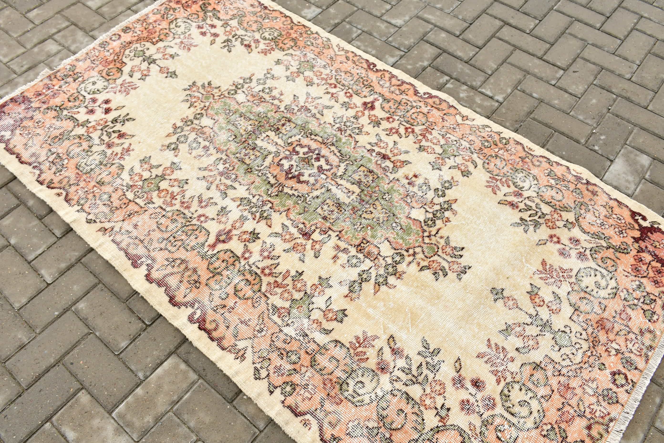 3.8x6.8 ft Area Rug, Floor Rug, Wool Rug, Beige Home Decor Rugs, Turkish Rug, Vintage Rug, Rugs for Bedroom, Living Room Rug, Moroccan Rug