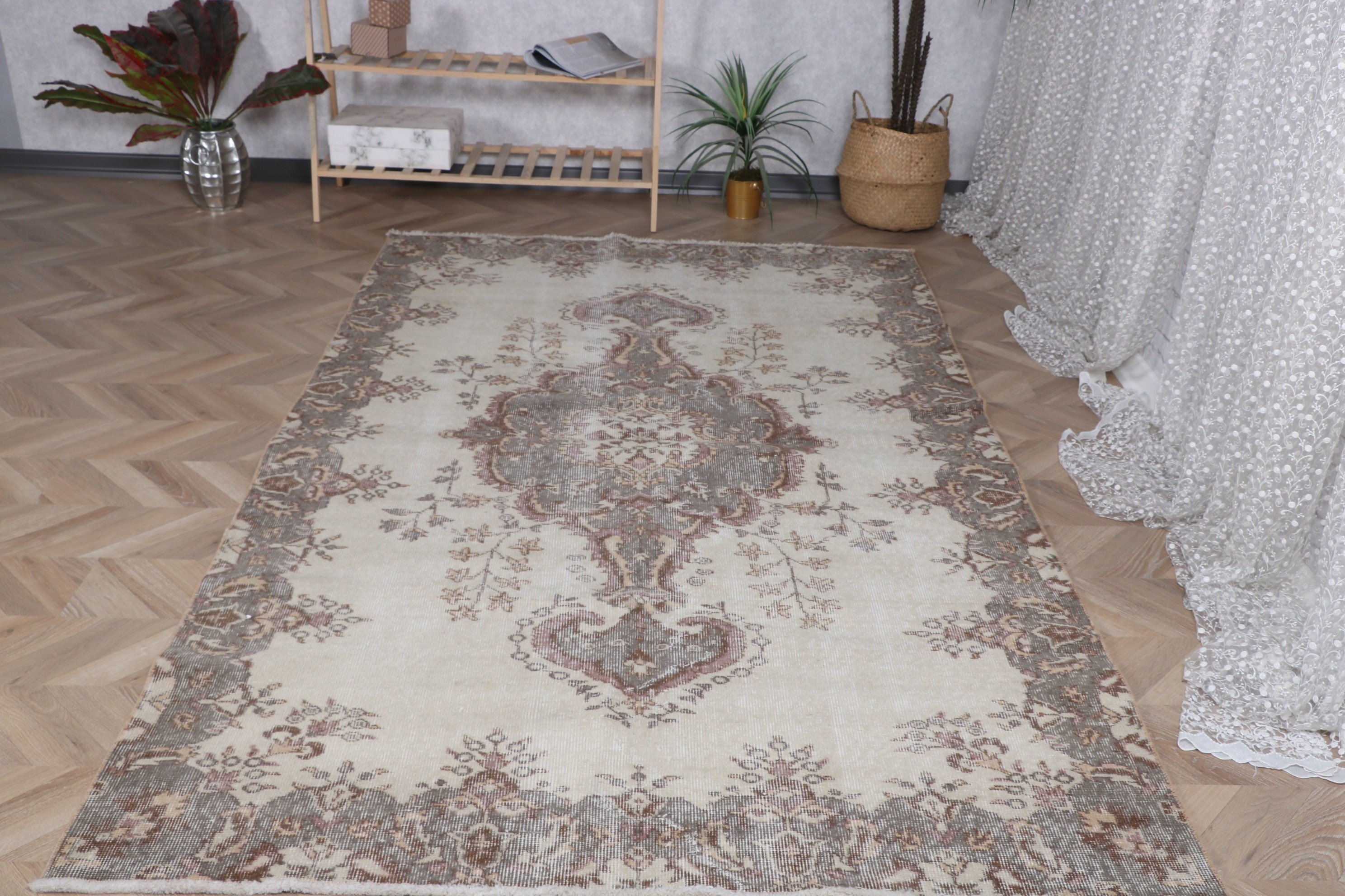 Vintage Halılar, Büyük Boho Halısı, Türk Halısı, Oryantal Halısı, Beyaz Mutfak Halısı, Soğuk Halı, Yer Halısı, Yemek Odası Halısı, 5x8,7 ft Büyük Halı