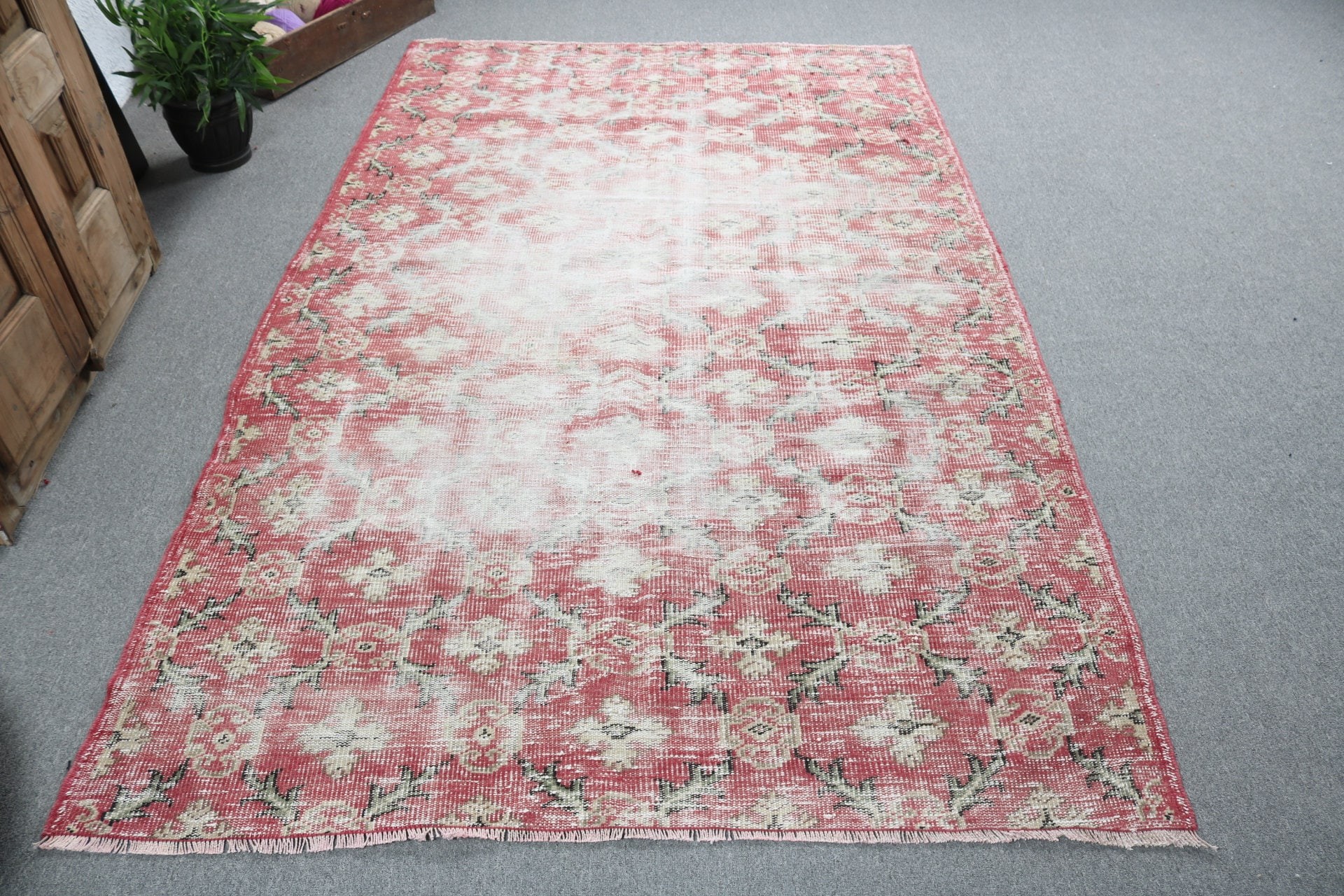 Açıklama Kilimi, El Dokuma Halı, Yemek Odası Halıları, Vintage Halı, Aztek Halısı, Türk Halısı, Kırmızı Antika Halılar, 5.1x8.2 ft Büyük Halı, Yatak Odası Halısı