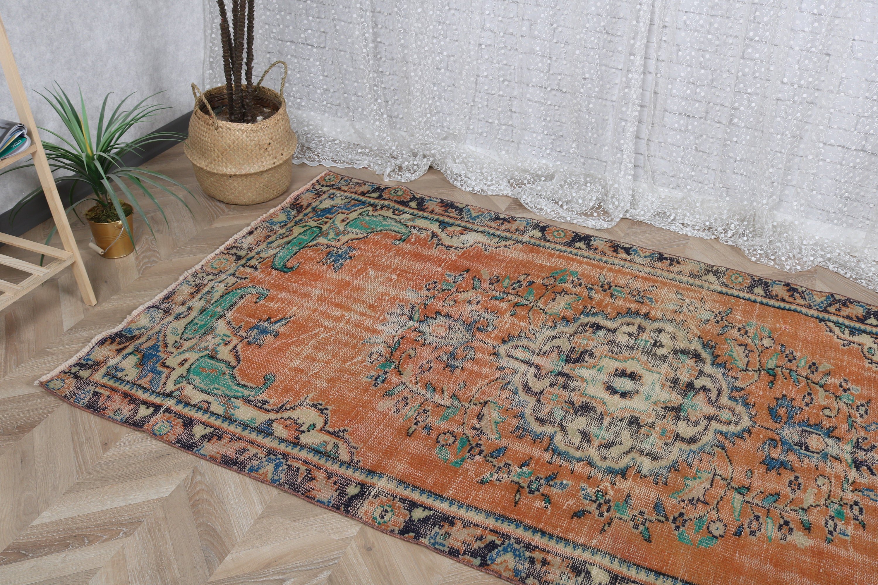 Vintage Halılar, Fas Halıları, Boho Alan Halıları, Turuncu El Dokuma Halı, Geometrik Halı, 4,3x7,6 ft Alan Halıları, Yatak Odası Halısı, Türk Halıları