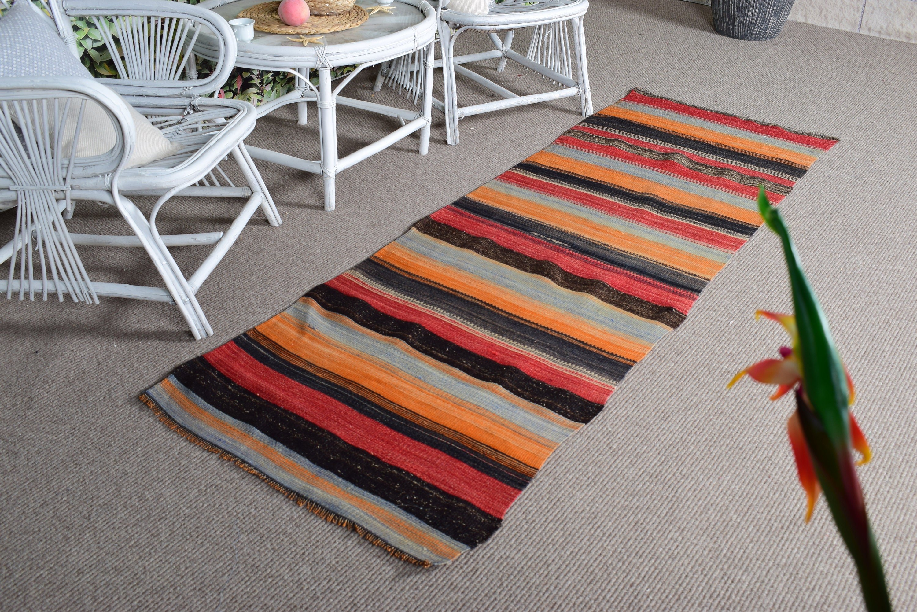 Turkish Rugs, Orange Boho Rugs, 2.4x7.3 ft Runner Rugs, Wool Rugs, Kitchen Rug, Vintage Rug, Kilim, Long Runner Rug