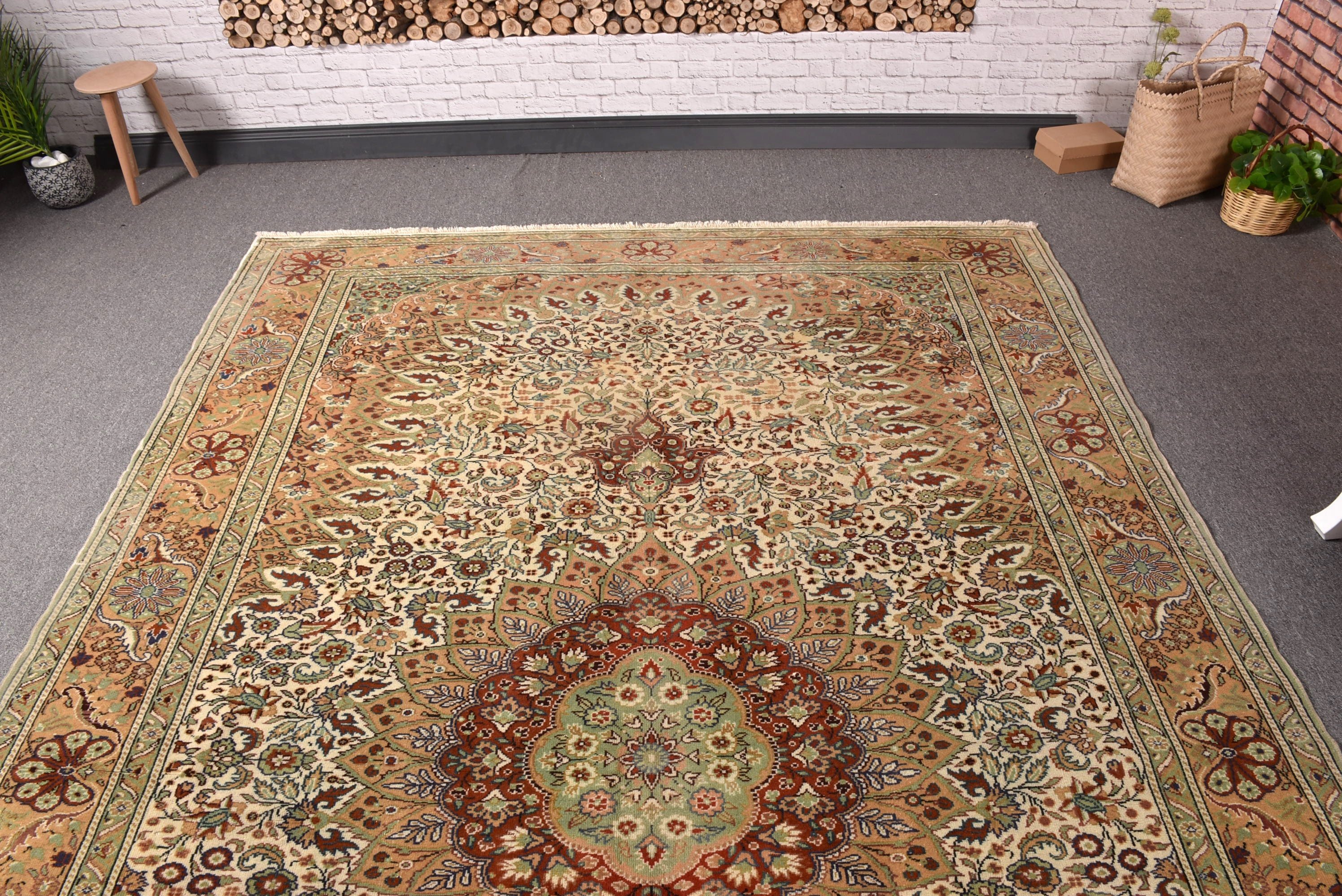 Büyük Vintage Halılar, Oturma Odası Halıları, Vintage Halı, Harika Halılar, 6.4x9.6 ft Büyük Halılar, Yeşil Oryantal Halılar, Türk Halıları