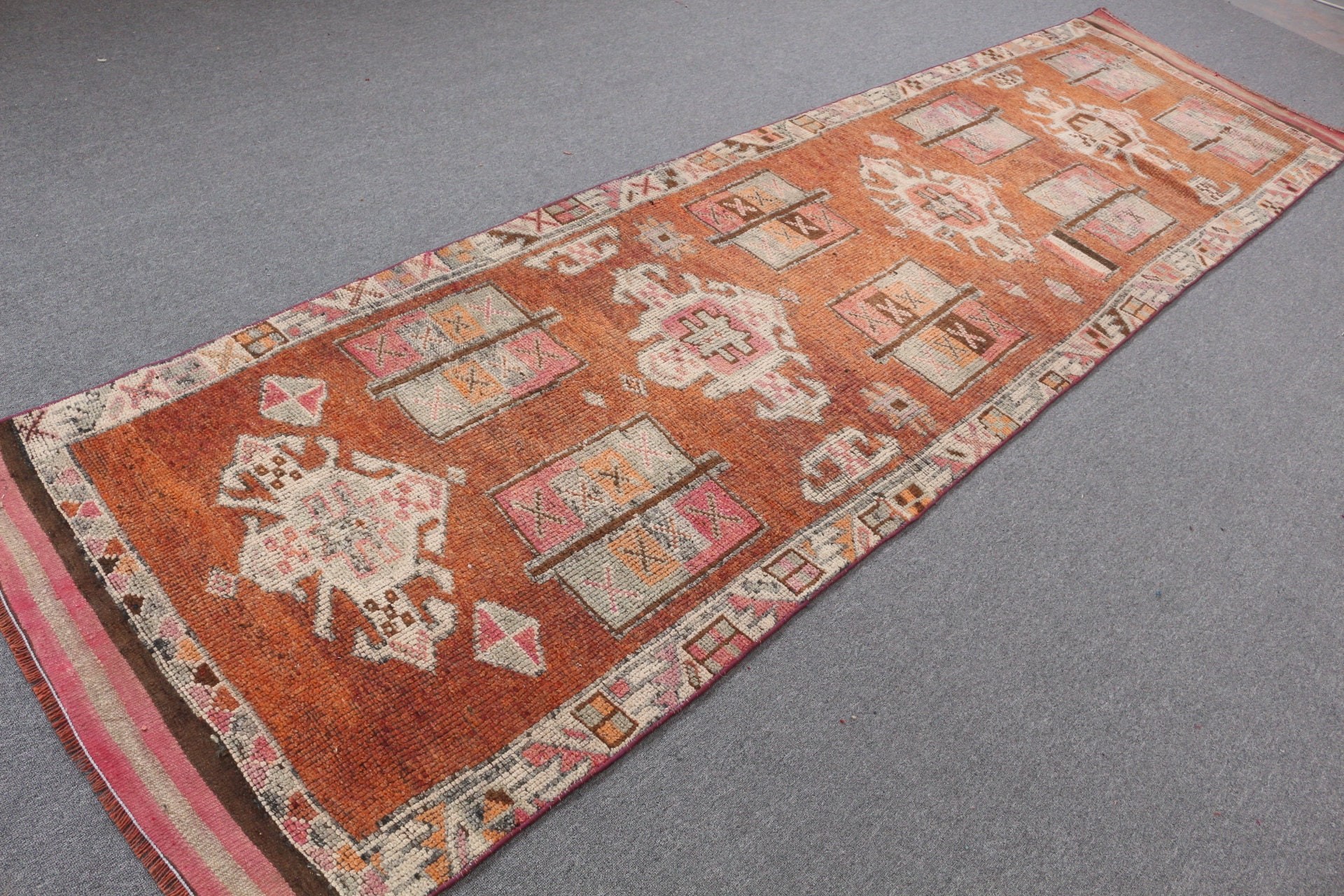 Turkish Rug, Art Rug, Orange Moroccan Rugs, Bedroom Rugs, Rugs for Corridor, 3.4x12.8 ft Runner Rug, Corridor Rug, Floor Rug, Vintage Rug