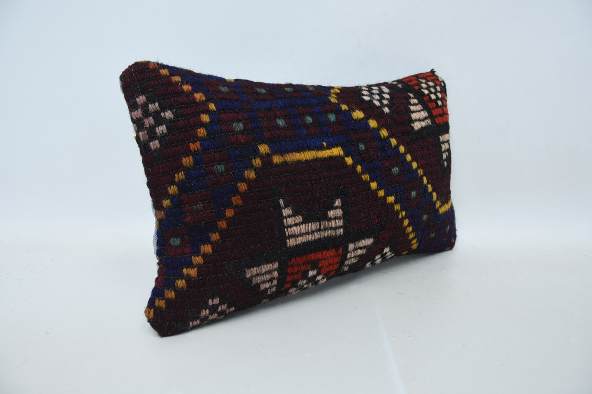 Ethnical Kilim Rug Pillow, Antique Pillows, 12"x20" Brown Cushion Case, Vintage Kilim Throw Pillow, Ottoman Pillow Cover