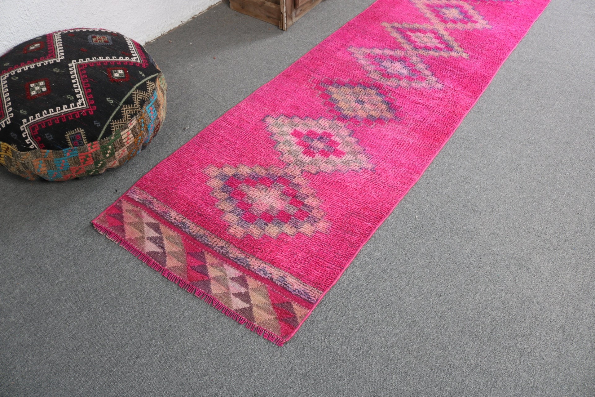 Vintage Halı, 2.5x11.5 ft Runner Halı, Türk Halıları, Düz Dokuma Halılar, Pembe Ev Dekor Halıları, Vintage Runner Halı, Koridor Halıları, Yer Halısı