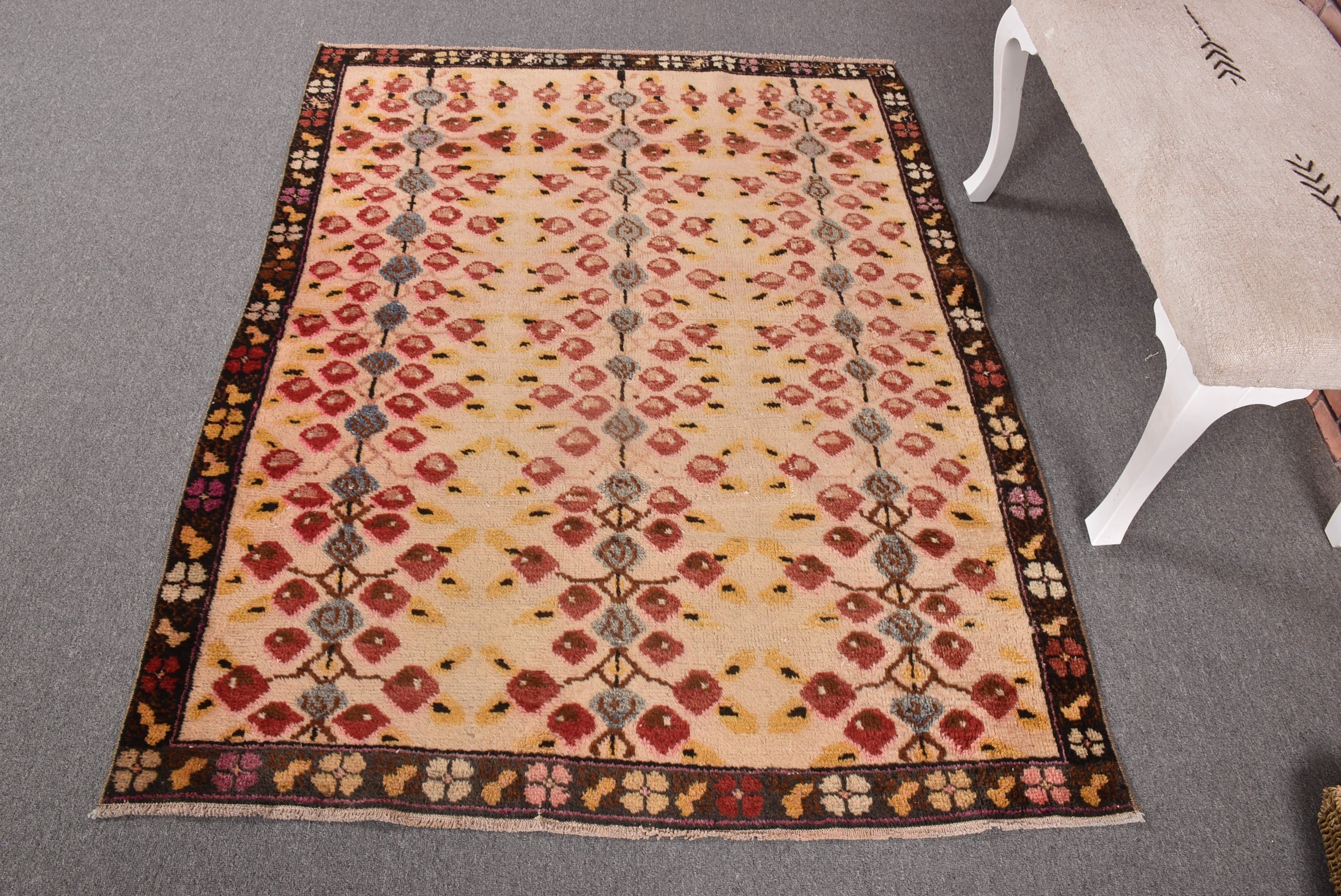 Türk Halıları, Oushak Halısı, 4.2x5.6 ft Accent Halısı, Yatak Odası Halıları, Vintage Halı, Sanatsal Halı, Mutfak Halıları, Anadolu Halısı, Bej Düz Dokuma Halı