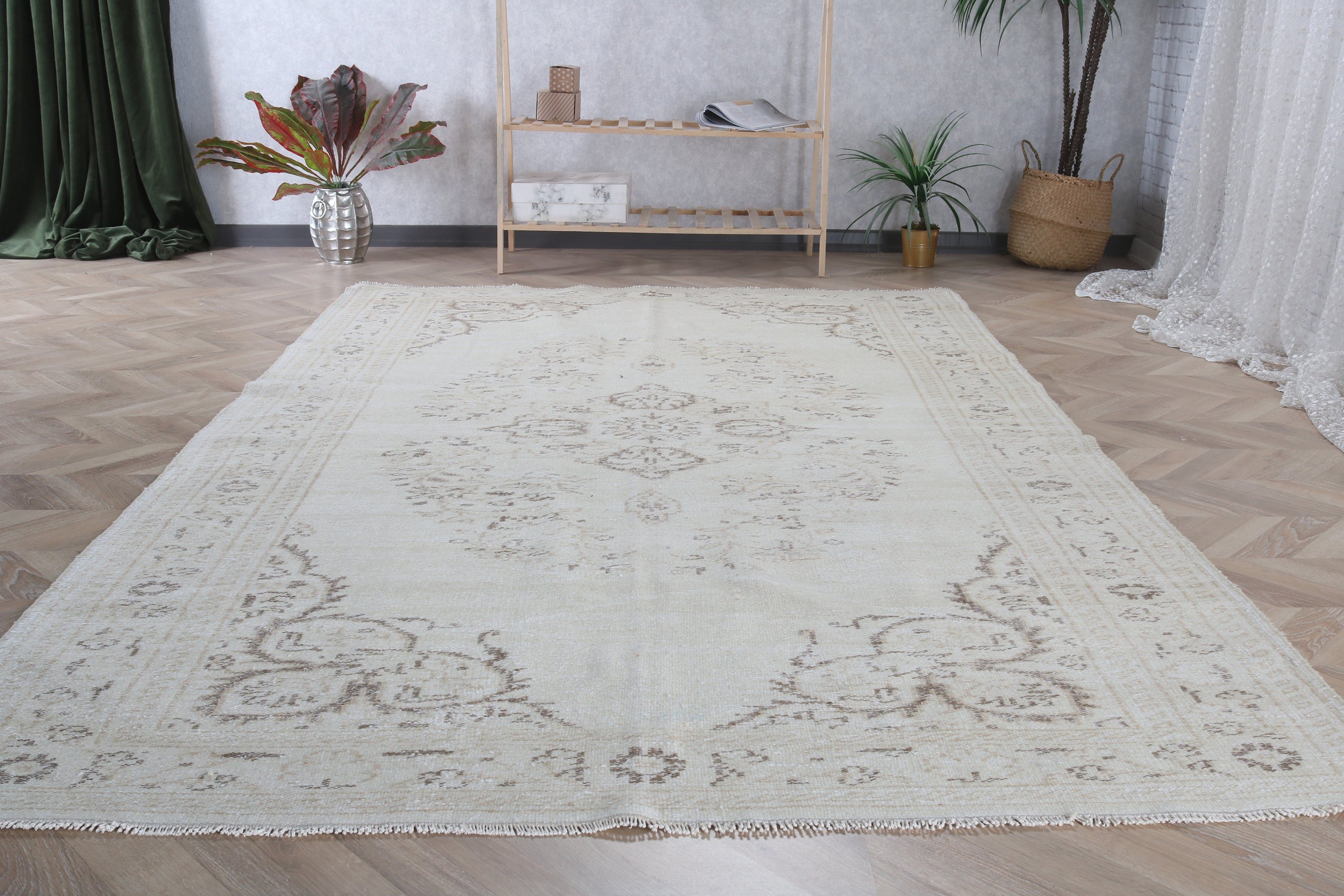 Salon Rug, 5.9x9.3 ft Large Rugs, Bedroom Rug, Vintage Decor Rug, Vintage Rugs, Dining Room Rug, White Boho Rugs, Luxury Rug, Turkish Rug