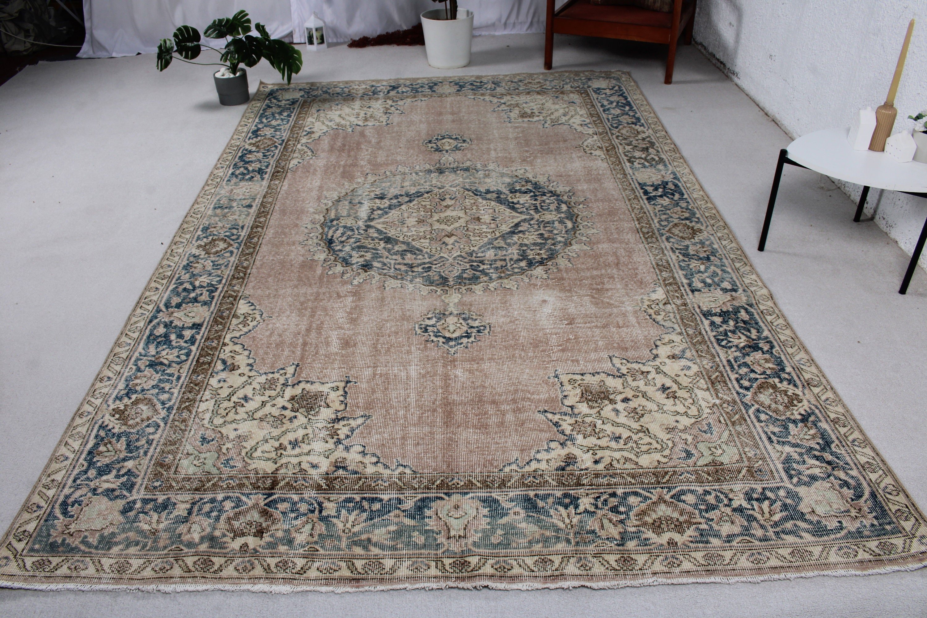 Havalı Halılar, Mavi Antika Halılar, Boho Halı, 6,5x9,9 ft Büyük Halı, Yatak Odası Halısı, Büyük Oushak Halıları, Vintage Halı, Türk Halısı, Oryantal Halı