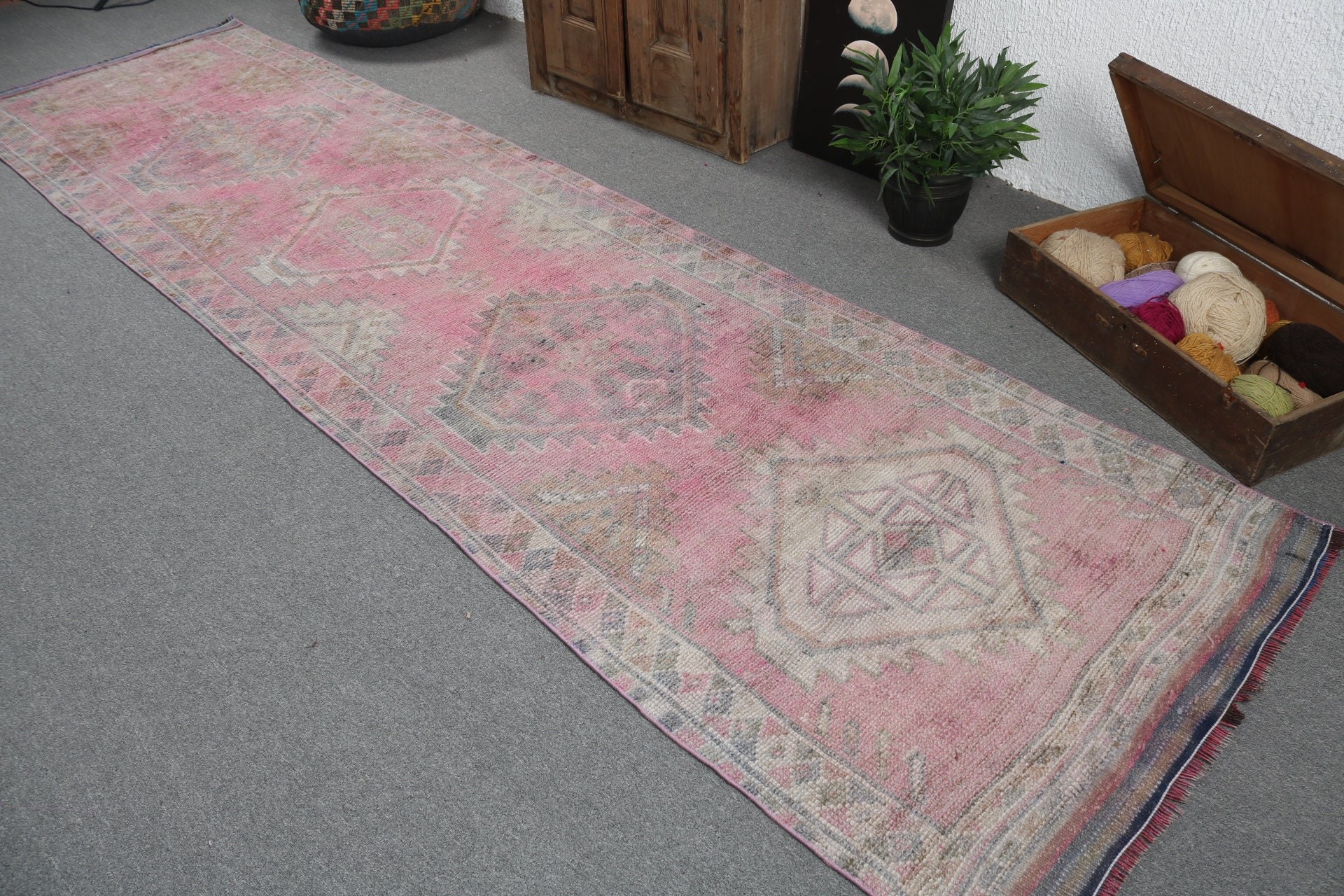 Pink Statement Rug, Flatweave Rugs, Home Decor Rugs, Beni Ourain Runner Rug, Kitchen Rug, Turkish Rugs, 3.4x13 ft Runner Rug, Vintage Rugs