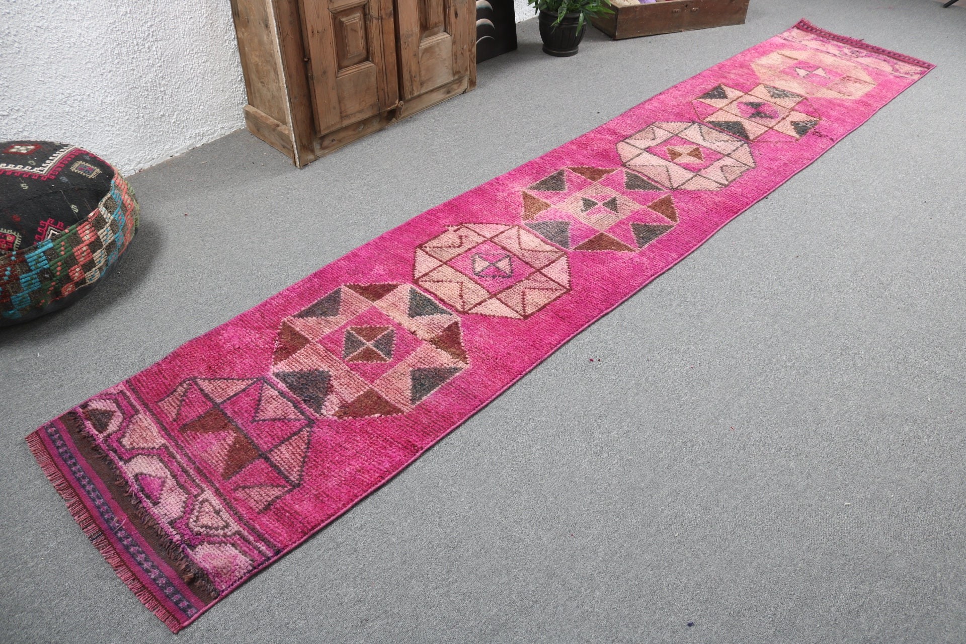 Turkish Rugs, Rugs for Runner, Wool Rug, Hallway Rugs, 2.2x12 ft Runner Rugs, Modern Rug, Corridor Rugs, Pink Cool Rug, Vintage Rug