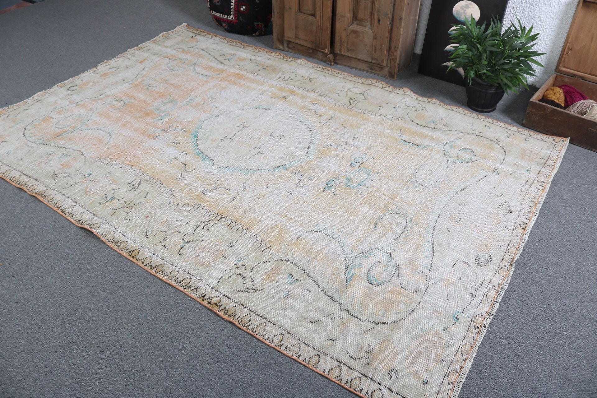 Modern Halı, El Dokuma Halı, Büyük Oushak Halı, Yer Halısı, Bej 5.8x8.7 ft Büyük Halı, Vintage Halılar, Türk Halıları, Yatak Odası Halıları