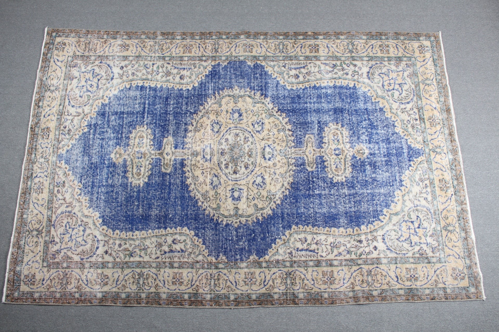 Oushak Halıları, 6.8x10 ft Büyük Halı, Yer Halıları, Yatak Odası Halıları, Türk Halısı, Mavi Oryantal Halı, Salon Halıları, Vintage Halılar, Yemek Odası Halısı