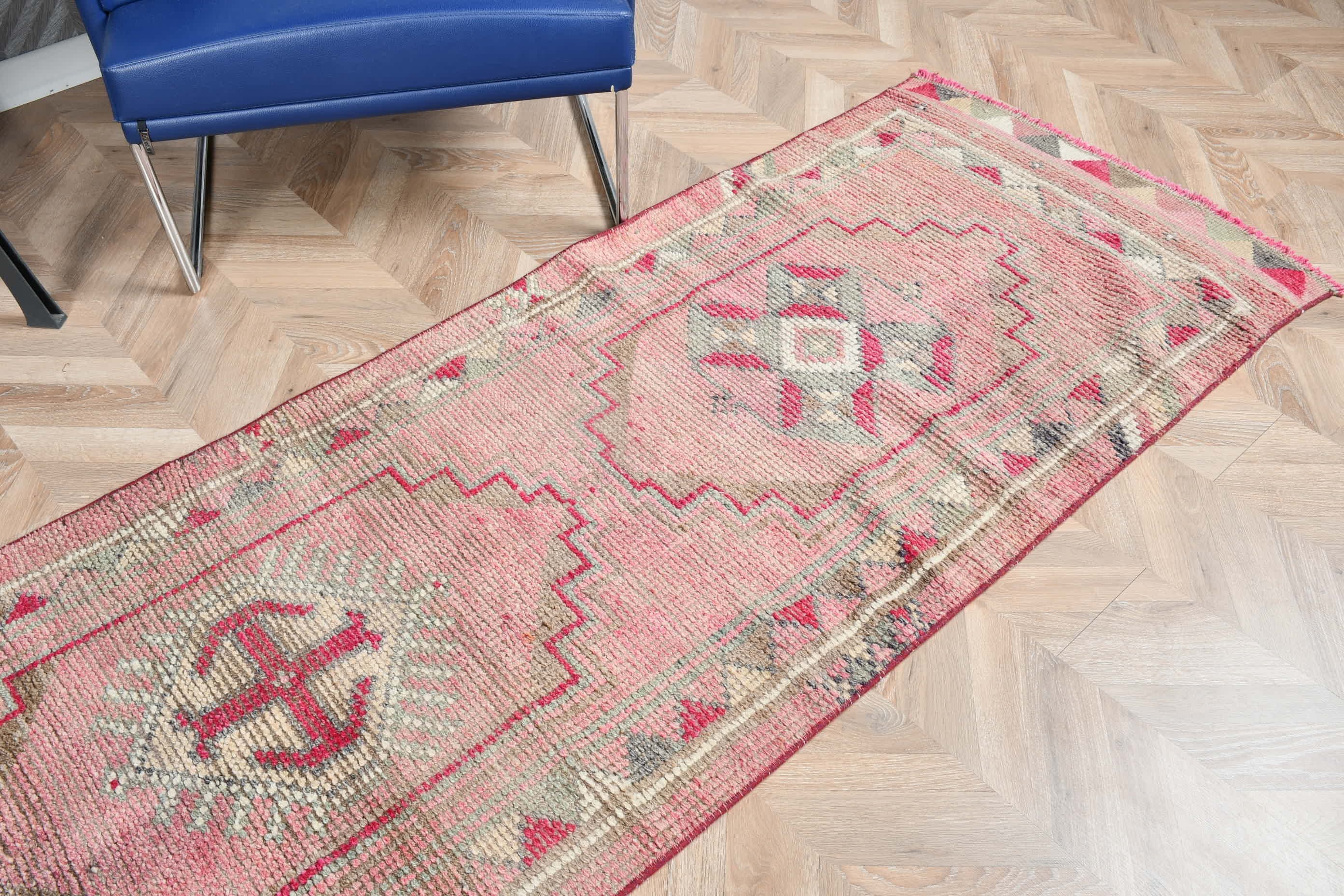 Vintage Rug, Pink Oriental Rug, Stair Rugs, Hallway Rug, Kitchen Rug, Turkish Rugs, Rugs for Runner, 2.6x12.3 ft Runner Rugs, Floor Rugs