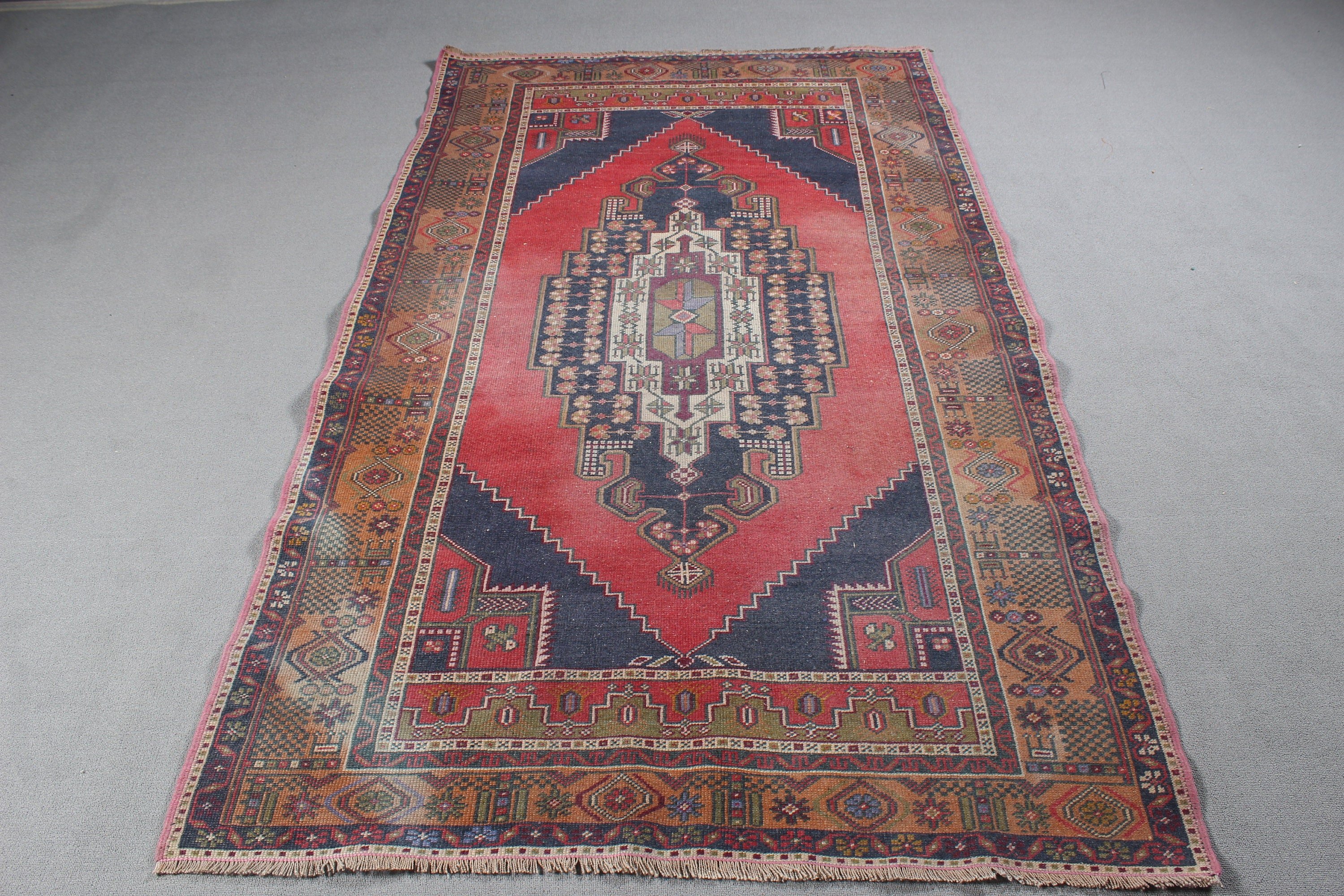 Turkish Rugs, Vintage Rug, Red Cool Rug, Kitchen Rugs, Luxury Rugs, Rugs for Oushak Area, Floor Rug, 4.4x7.9 ft Area Rug