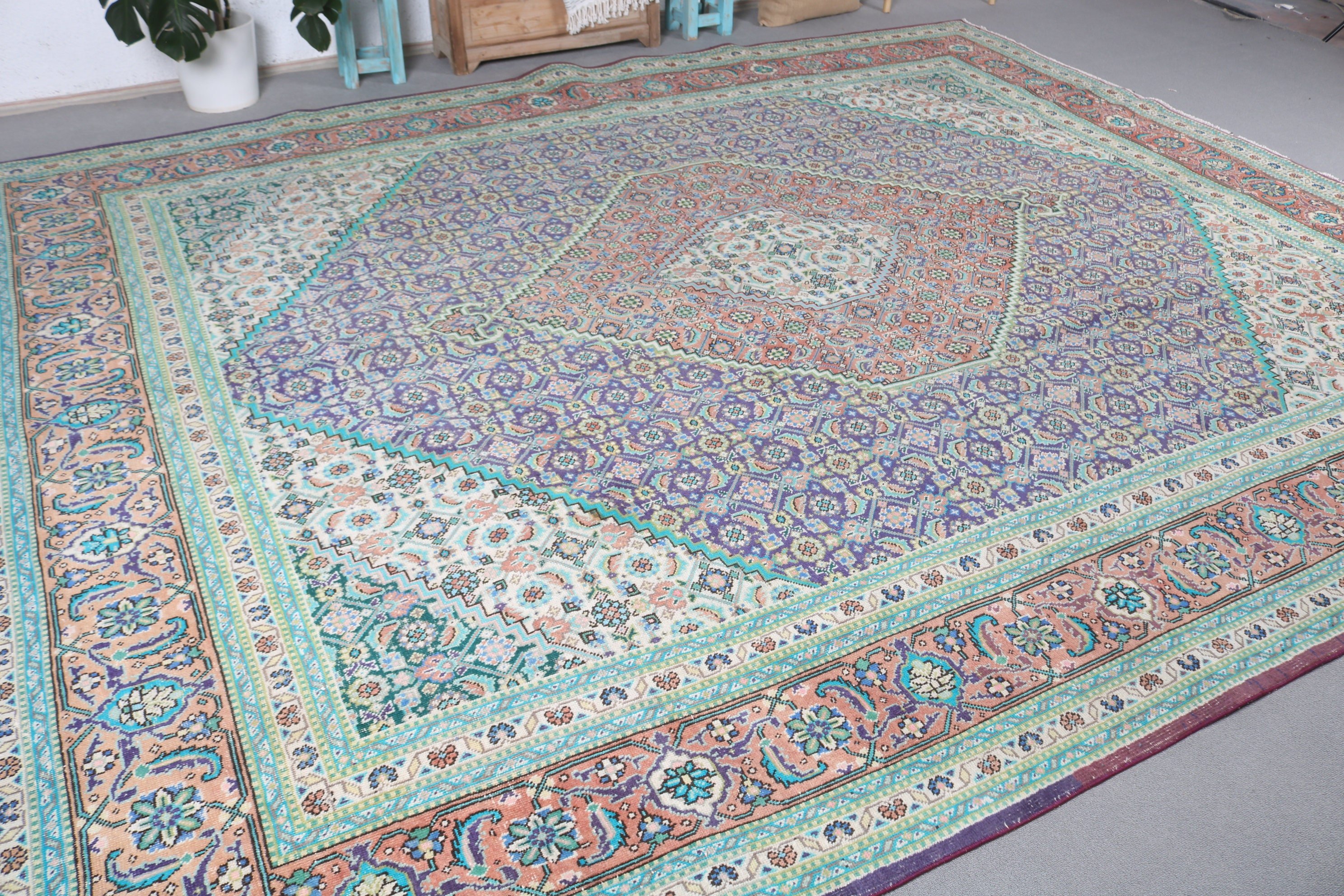 Dekoratif Halı, Türk Halısı, Soğuk Halı, Yün Halı, Salon Halısı, Vintage Halılar, 10.1x12.4 ft Büyük Boy Halı, Yemek Odası Halıları, Mavi Yün Halılar