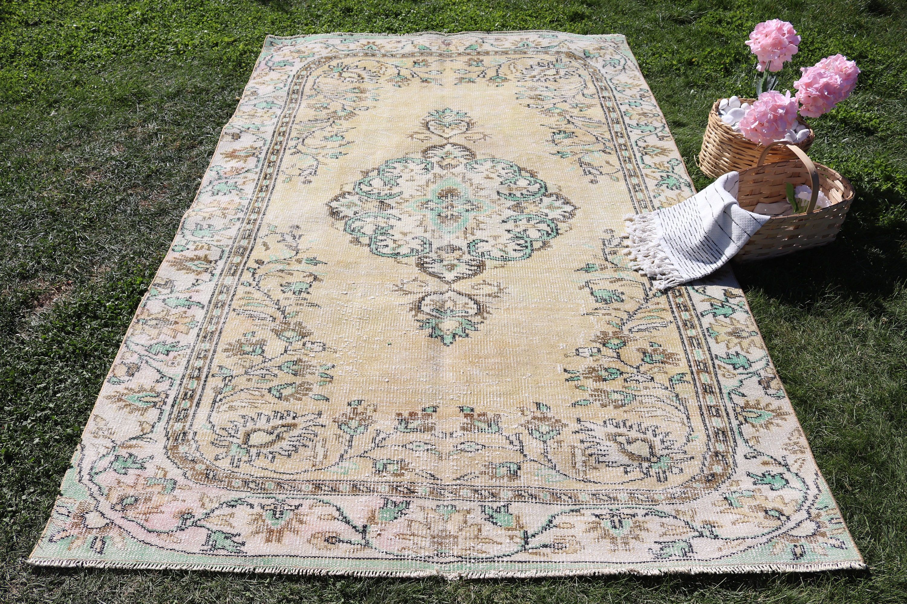 Büyük Oushak Halıları, Vintage Halılar, Sarı Antika Halılar, Yatak Odası Halısı, 5.3x8.4 ft Büyük Halılar, Türk Halıları, Büyük Vintage Halı