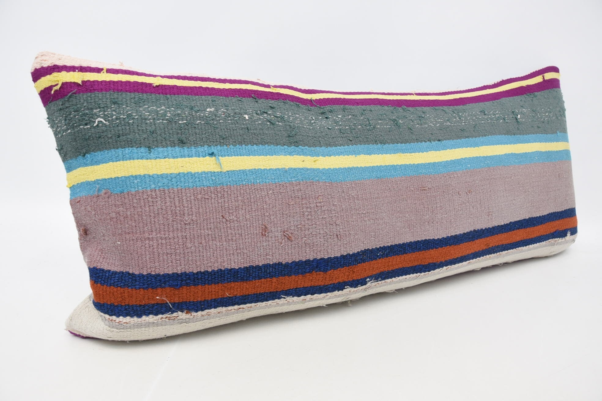 Crochet Pattern Pillow, Boho Pillow, Kilim Pillow, 16"x36" Blue Pillow Cover, Handmade Kilim Cushion, Muted Pillow Sham