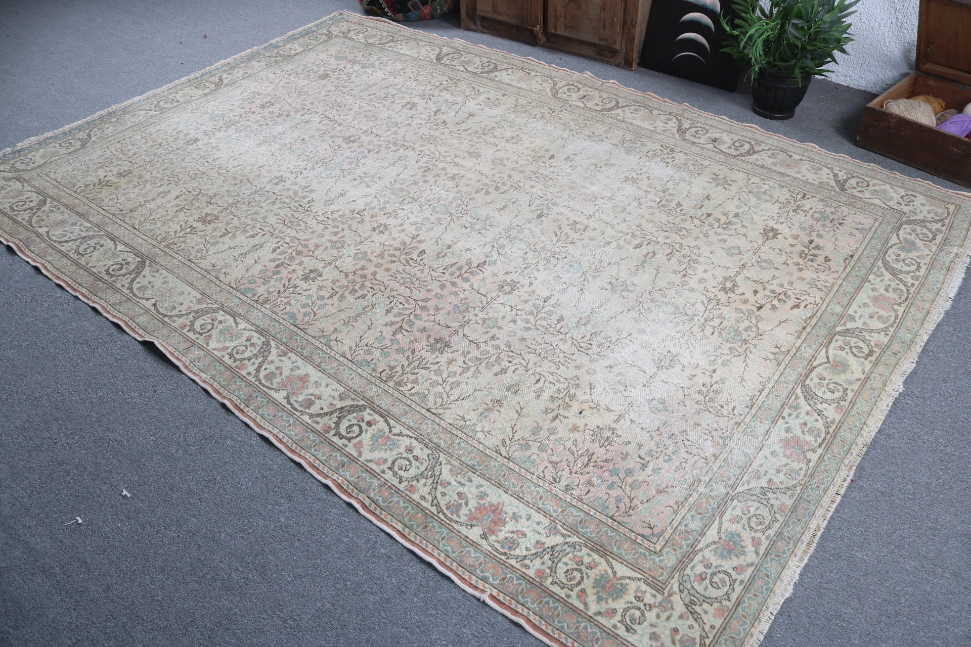 6.4x9.5 ft Büyük Halılar, Yeşil Fas Halıları, Yer Halısı, Oturma Odası Halısı, Türk Halıları, Vintage Halı, Büyük Oushak Halıları, Fas Halısı