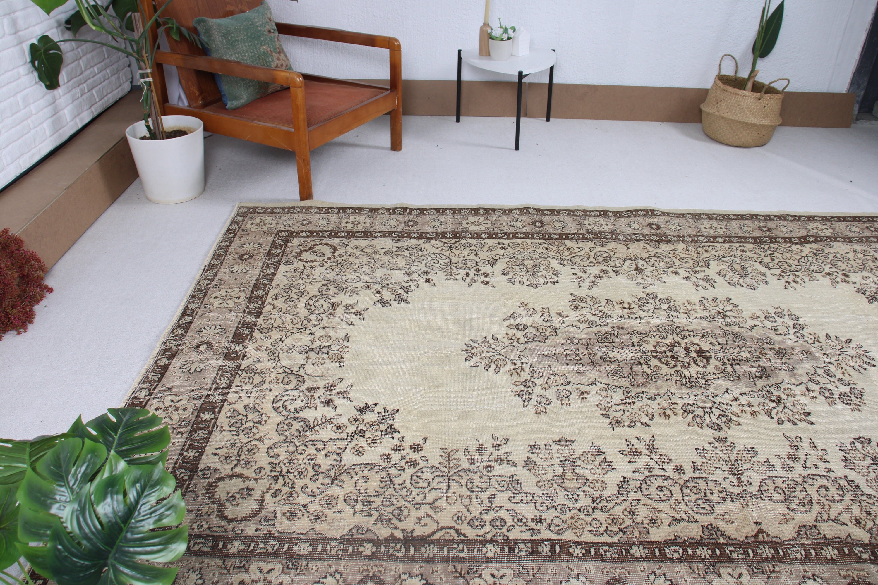 Aztek Halıları, Yemek Odası Halıları, Oturma Odası Halıları, Türk Halıları, Bej Yün Halı, Yün Halılar, 5,8x8,9 ft Büyük Halı, Nötr Halılar, Vintage Halılar