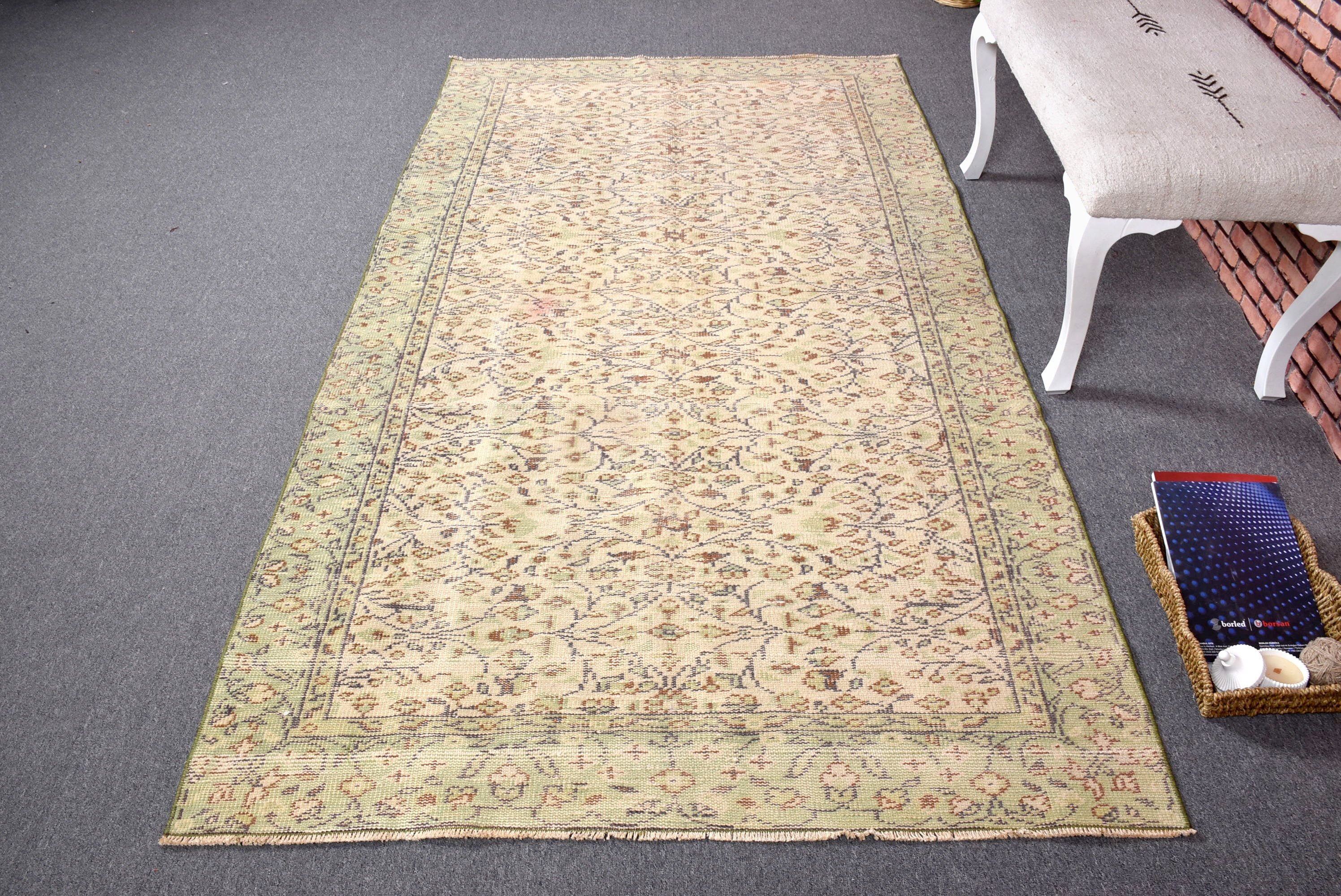 Yemek Odası Halıları, Yer Halısı, Türk Halıları, Yeşil Yün Halı, Vintage Halı, Nötr Halılar, Yatak Odası Halısı, 4.4x7.9 ft Alan Halısı, Bohem Halısı