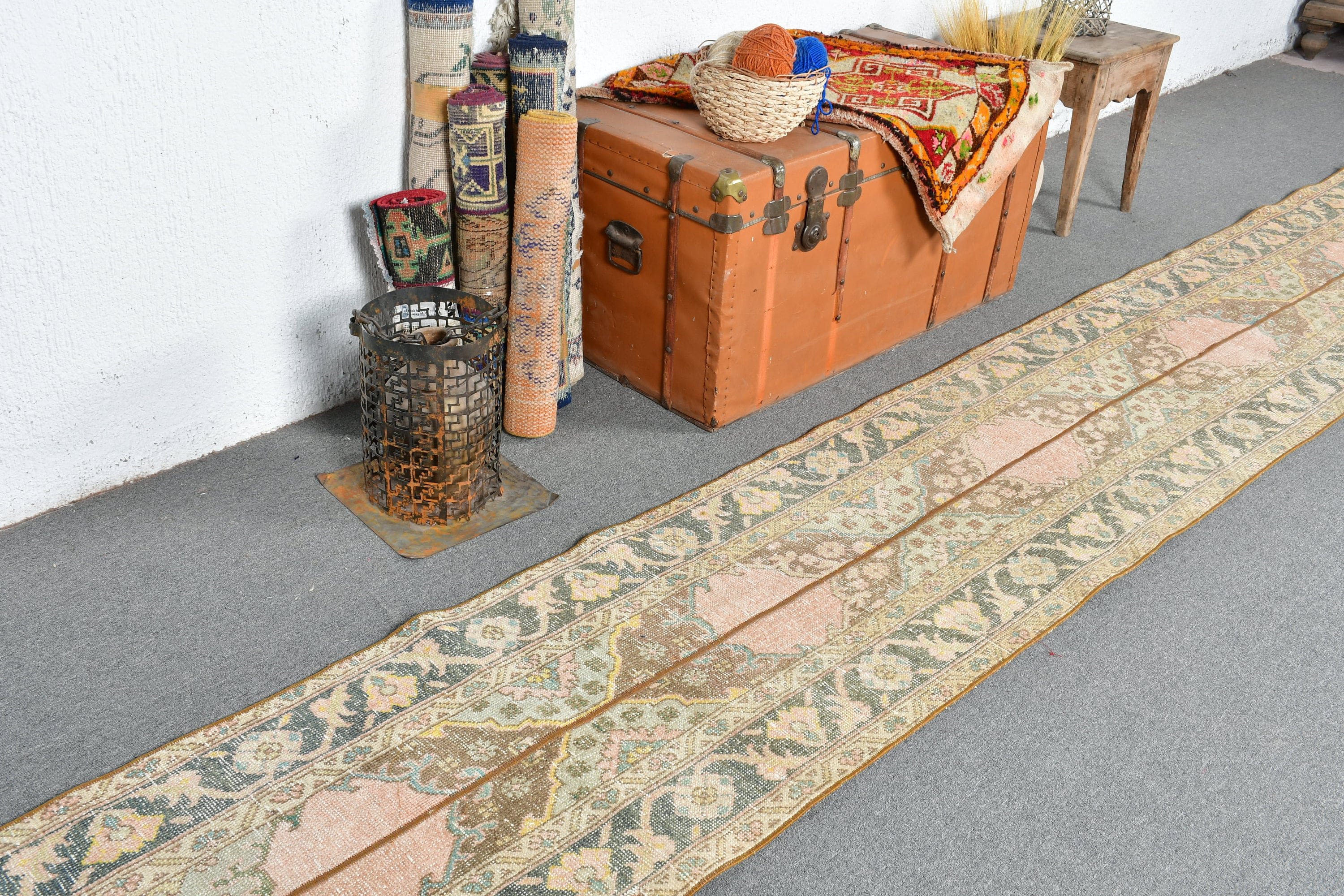 Türk Halısı, Ev Dekorasyonu Halısı, Runner Halıları, Vintage Halılar, Soluk Halı, 2x13.5 ft Runner Halısı, Mutfak Halıları, Kahverengi Oushak Halısı