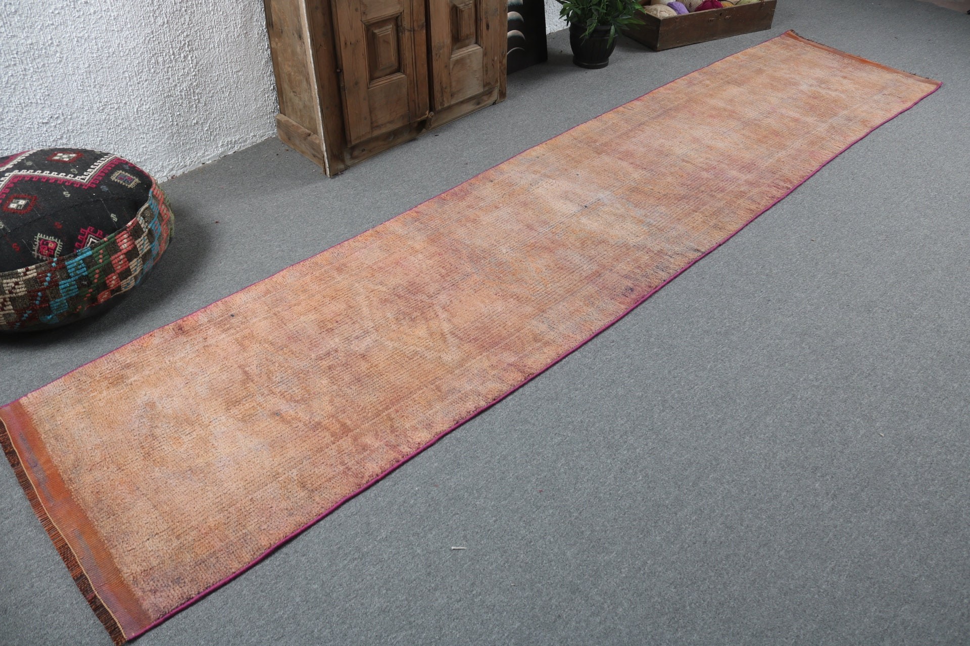 Ev Dekor Halısı, Vintage Halı, 2.6x12 ft Runner Halısı, Uzun Yolluk Halısı, Türk Halıları, Düz Dokuma Halı, Vintage Runner Halısı, Turuncu Geometrik Halılar