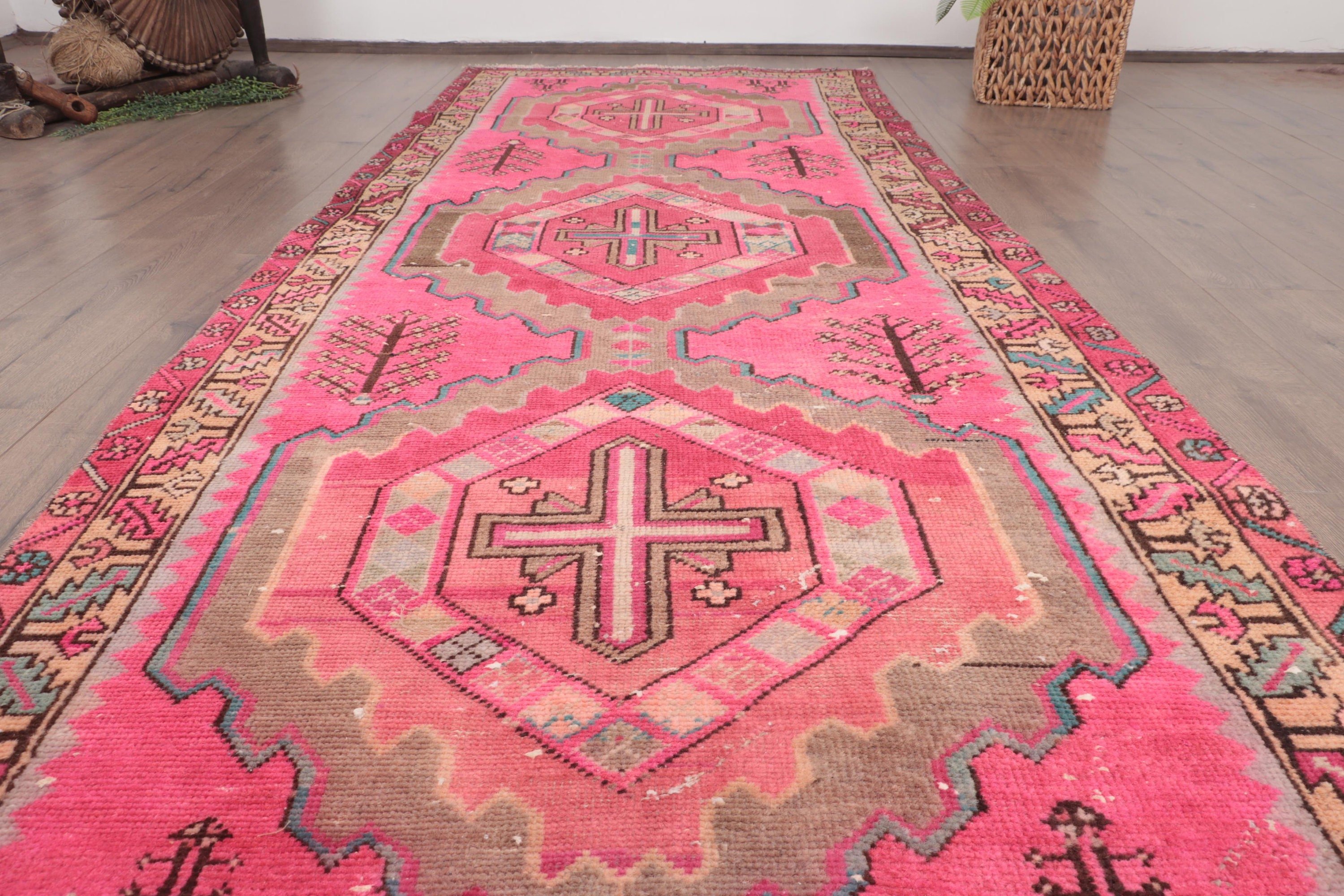 Vintage Runner Halıları, Yer Halısı, Geometrik Halı, Türk Halısı, 3,4x9,4 ft Runner Halısı, Vintage Halı, Oryantal Halı, Koridor Halısı, Pembe Modern Halı