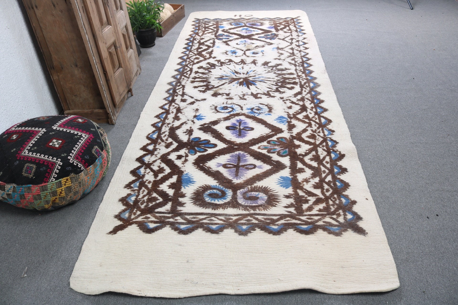 Vintage Runner Halı, Nötr Halılar, Vintage Halılar, Egzotik Halılar, Türk Halıları, Bej Oushak Halıları, 4.6x12.5 ft Runner Halısı, Geometrik Halı