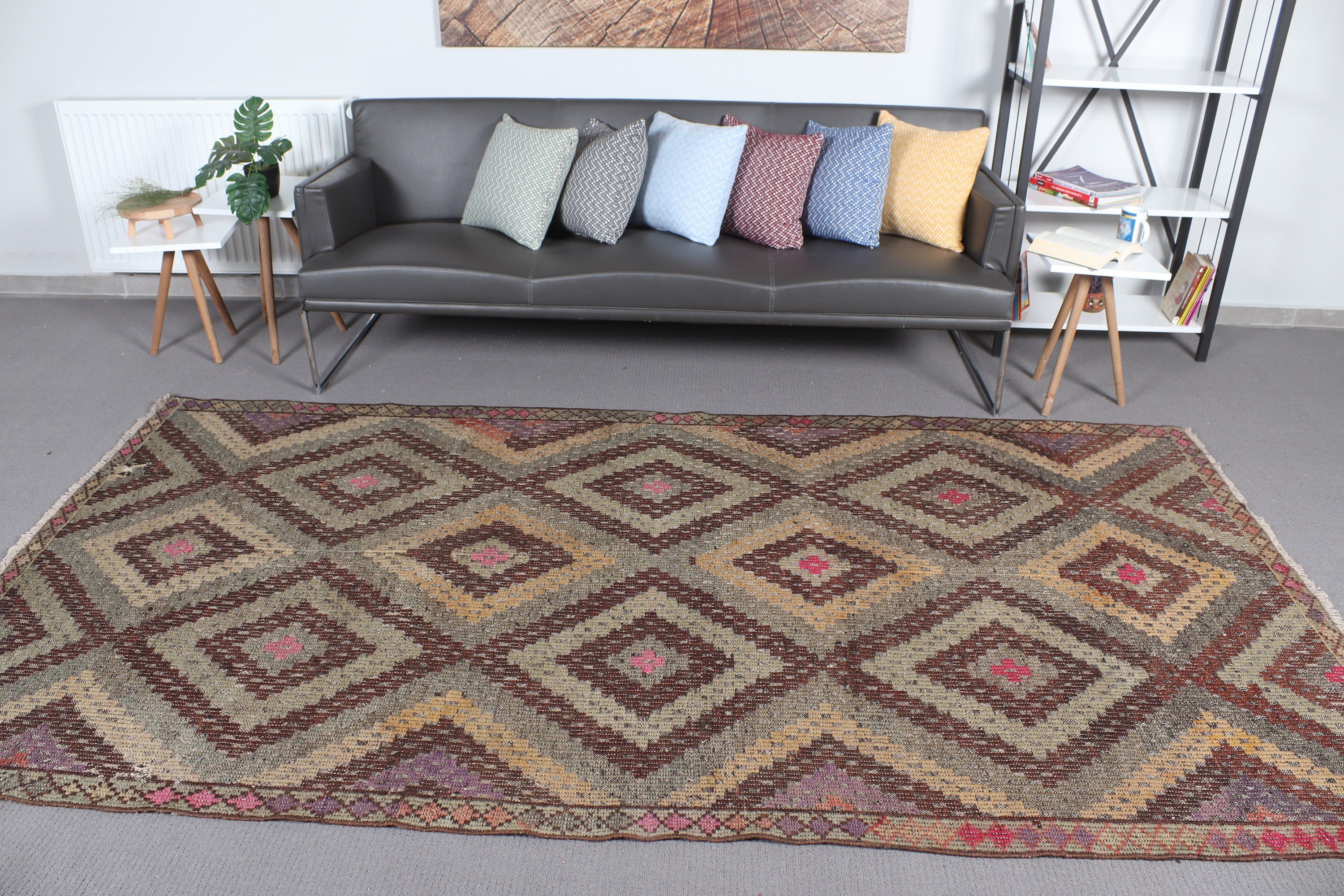 Geometrik Halılar, Vintage Halı, Kahverengi Oryantal Halı, Kilim, Anadolu Halıları, Türk Halısı, Kabile Halıları, 5.2x9.6 ft Büyük Halı, Büyük Oushak Halıları