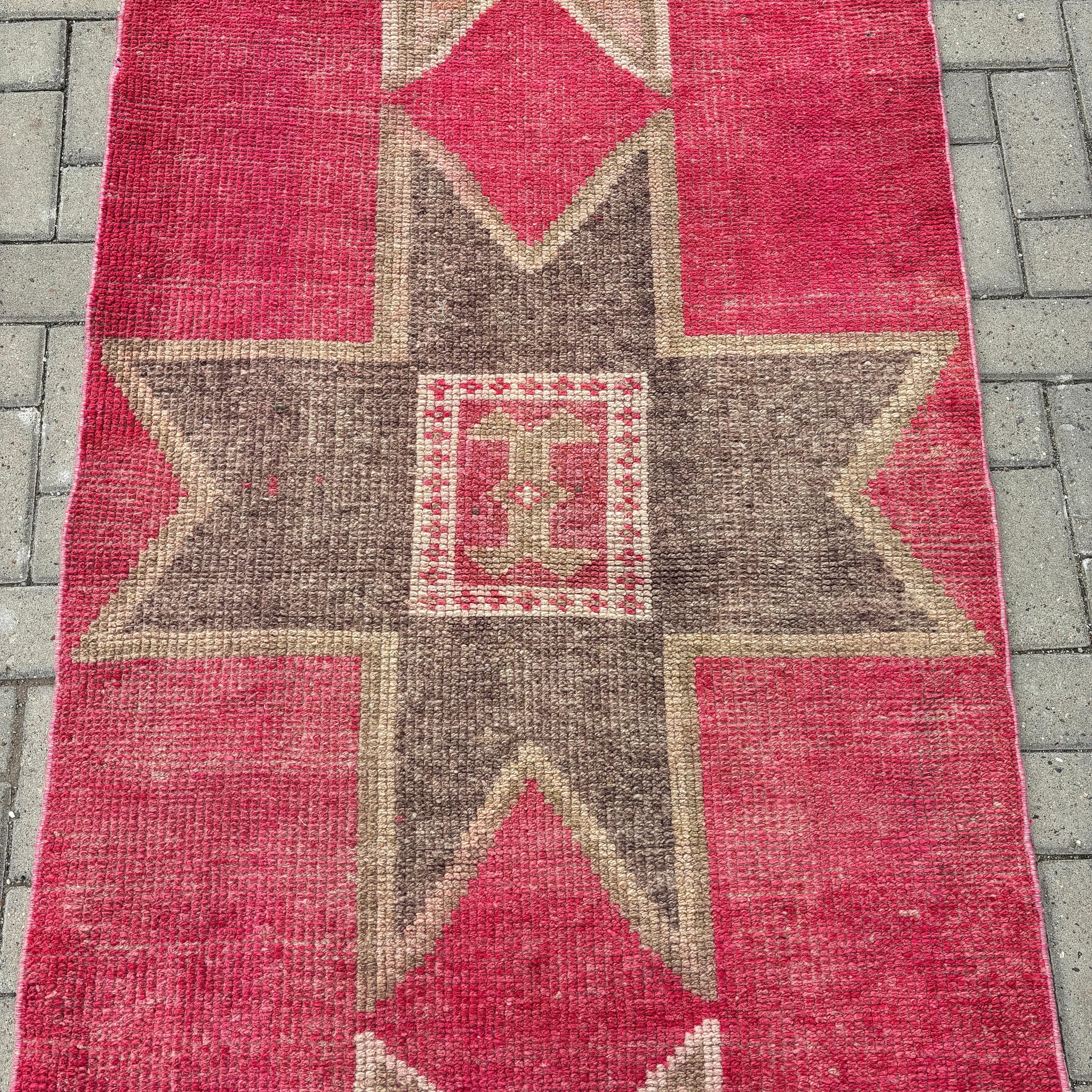 Corridor Rugs, Geometric Rug, Turkish Rug, Vintage Rug, 3.3x10.7 ft Runner Rugs, Pink Kitchen Rug, Beni Ourain Runner Rugs