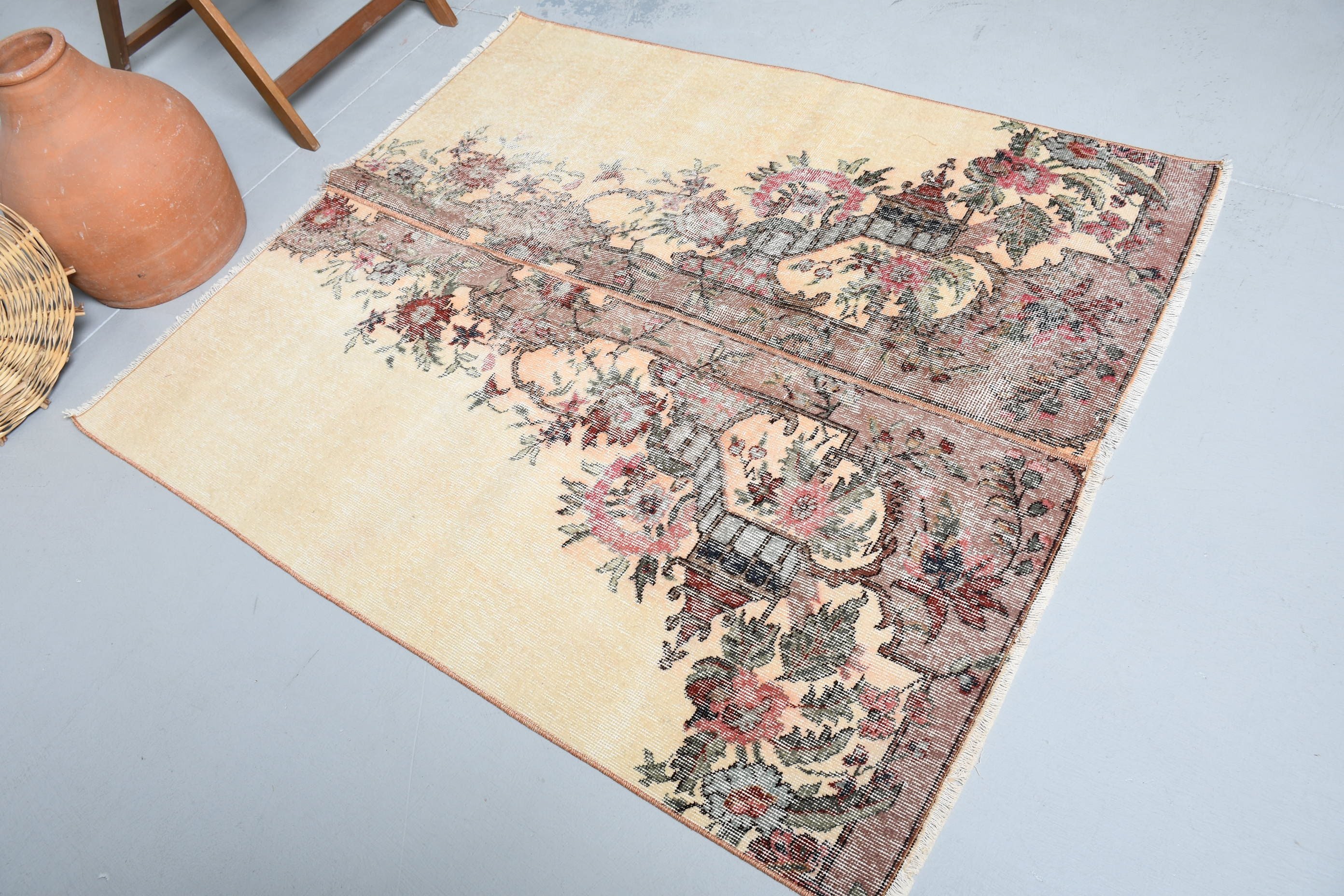 Floor Rug, Beige Bedroom Rug, Rugs for Kitchen, Turkish Rug, Vintage Rugs, Indoor Rug, Living Room Rugs, 4.7x5.2 ft Area Rug