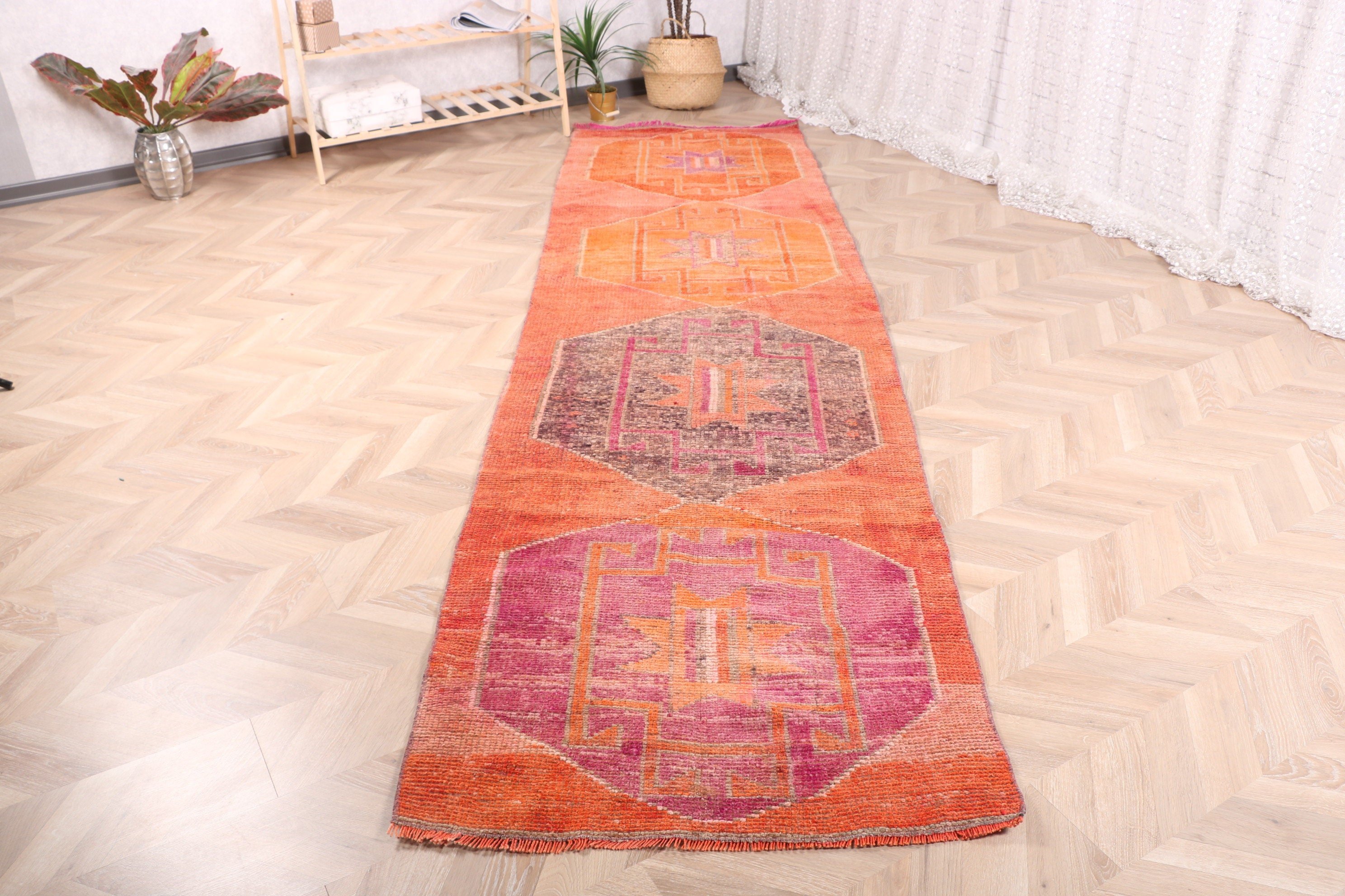 Oushak Halı, Havalı Halı, Boho Halı, Türk Halıları, Uzun Yolluk Halıları, Turuncu 3,1x11,3 ft Koşucu Halısı, Vintage Halı, Merdiven Halıları