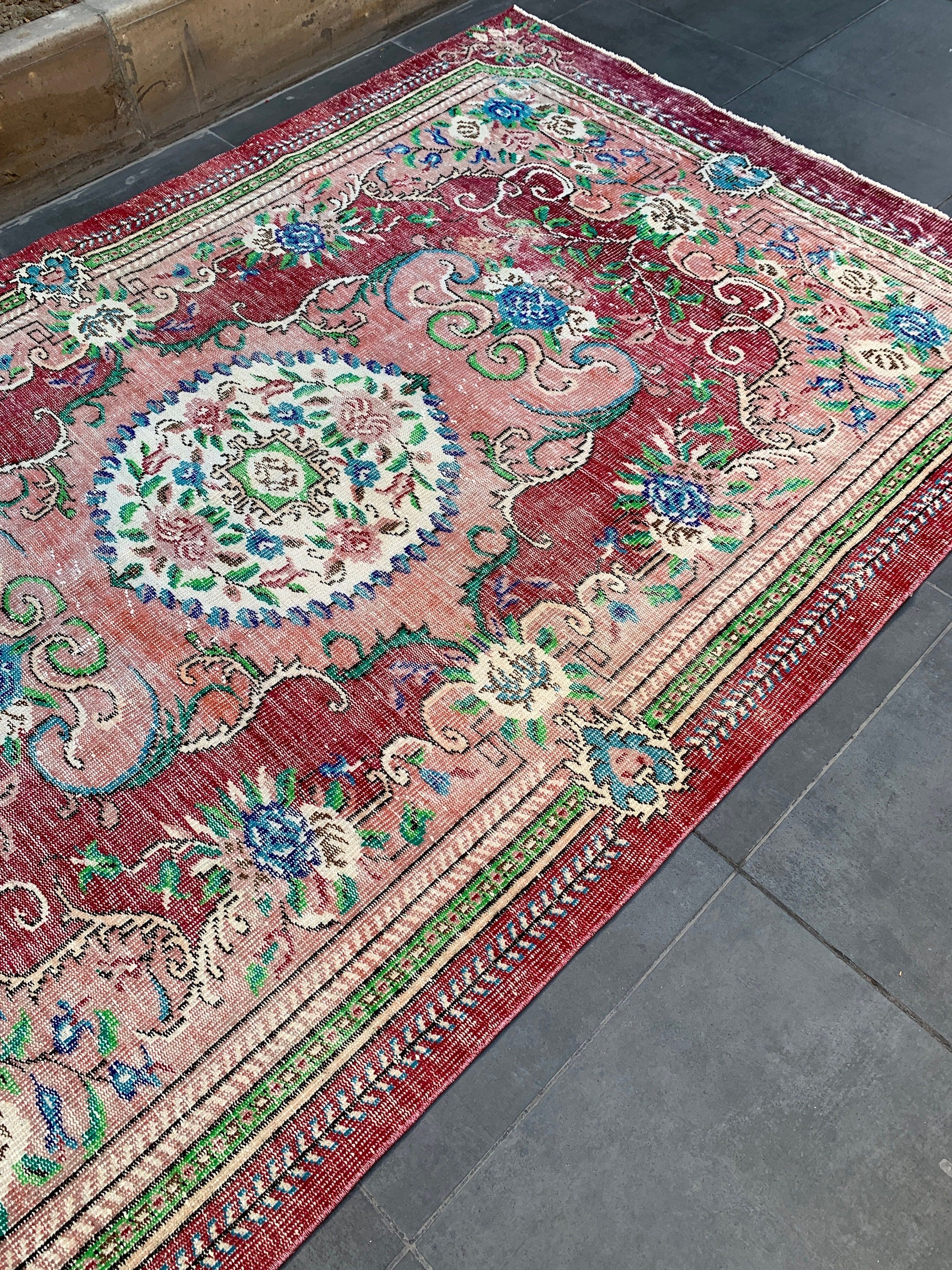 Vintage Halı, Türk Halısı, 6.1x9.4 ft Büyük Halı, Kırmızı Soğuk Halı, Salon Halıları, Yün Halı, Yemek Odası Halısı, Oturma Odası Halıları