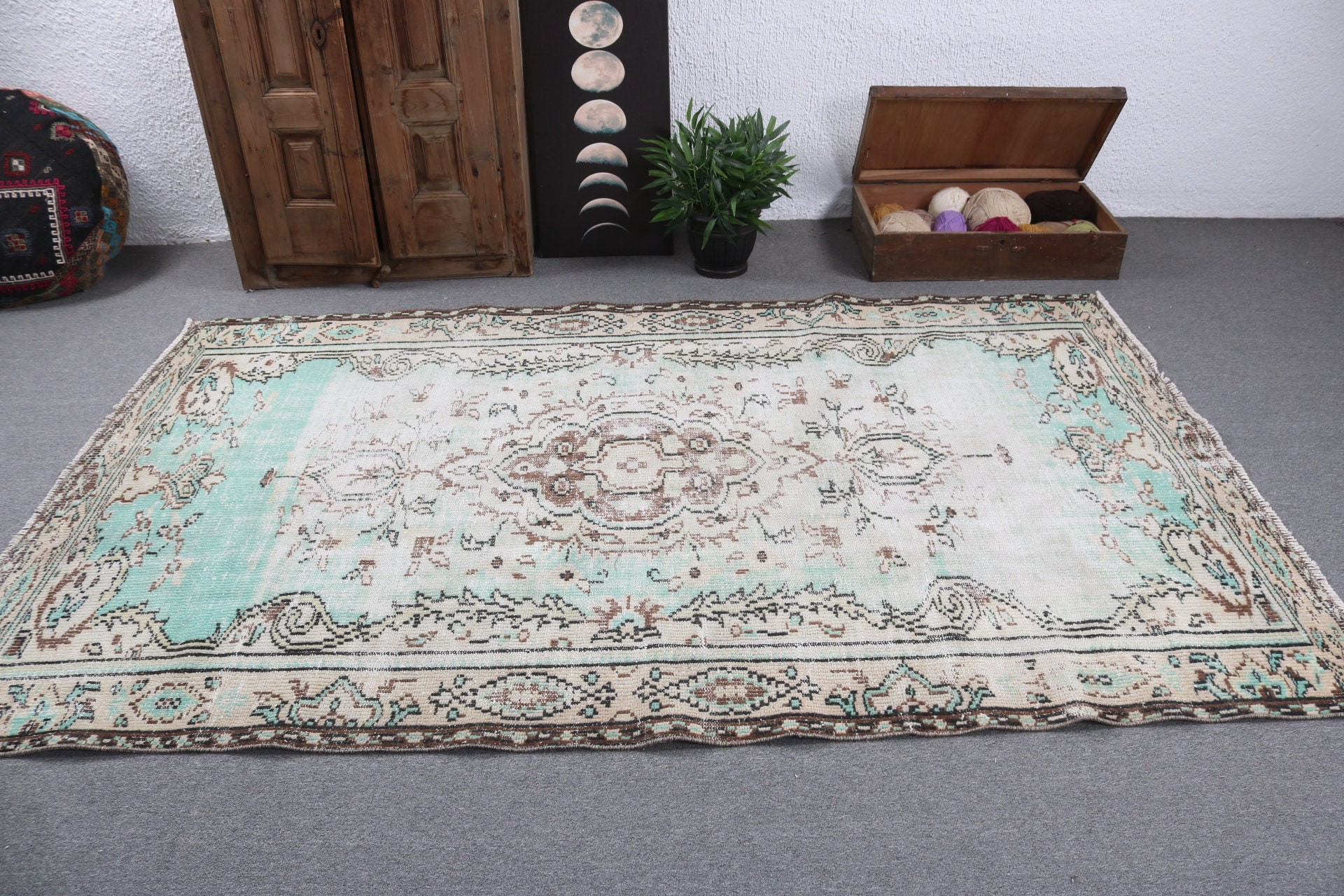 Büyük Boho Halıları, Türk Halıları, 5.2x8.5 ft Büyük Halılar, Yeşil Antika Halı, Antika Halı, Yatak Odası Halıları, Düz Dokuma Halı, Vintage Halılar, Etnik Halı