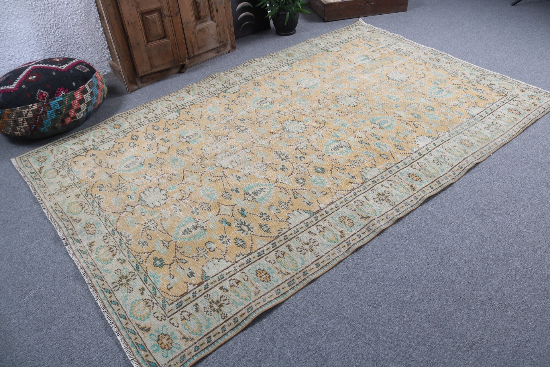 Vintage Halı, Oturma Odası Halısı, Açıklama Halısı, Türk Halısı, Sarı Soğuk Halı, Büyük Boho Halısı, 5.5x8.5 ft Büyük Halılar, Düz Dokuma Halılar, Yer Halısı