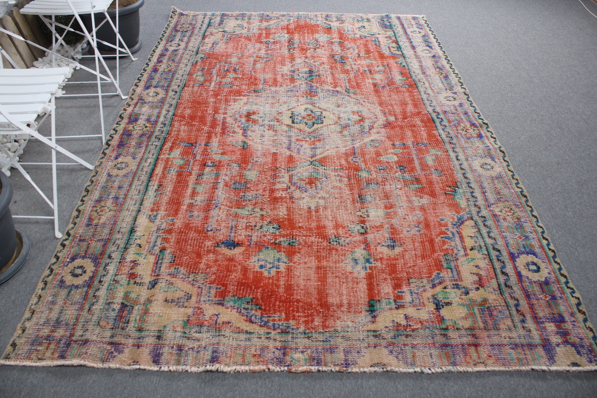 Turkish Rug, Living Room Rugs, Oushak Rug, Red Cool Rug, Antique Rug, 6.1x8.9 ft Large Rug, Vintage Rug, Dining Room Rug, Natural Rug