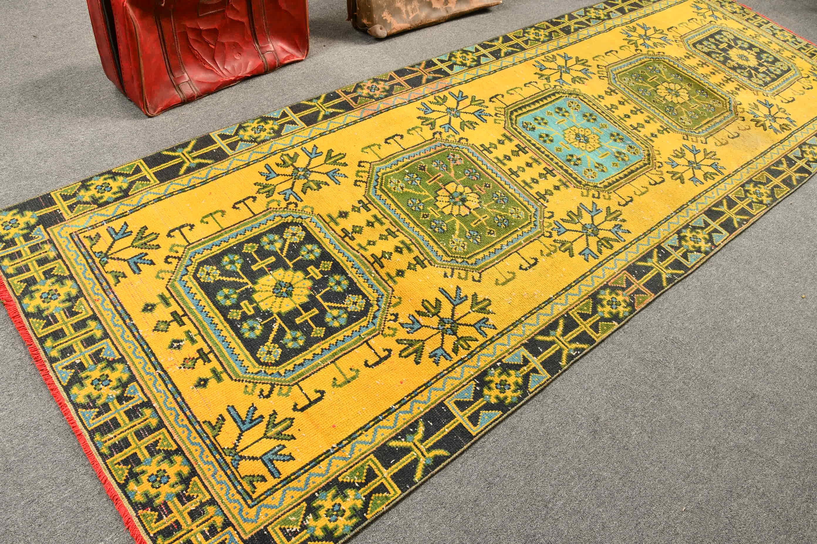 Koşucu Halıları, Merdiven Halıları, Sarı 3,9x11,2 ft Koşucu Halısı, Oushak Halısı, Havalı Halılar, Mutfak Halıları, Türk Halısı, Vintage Halı