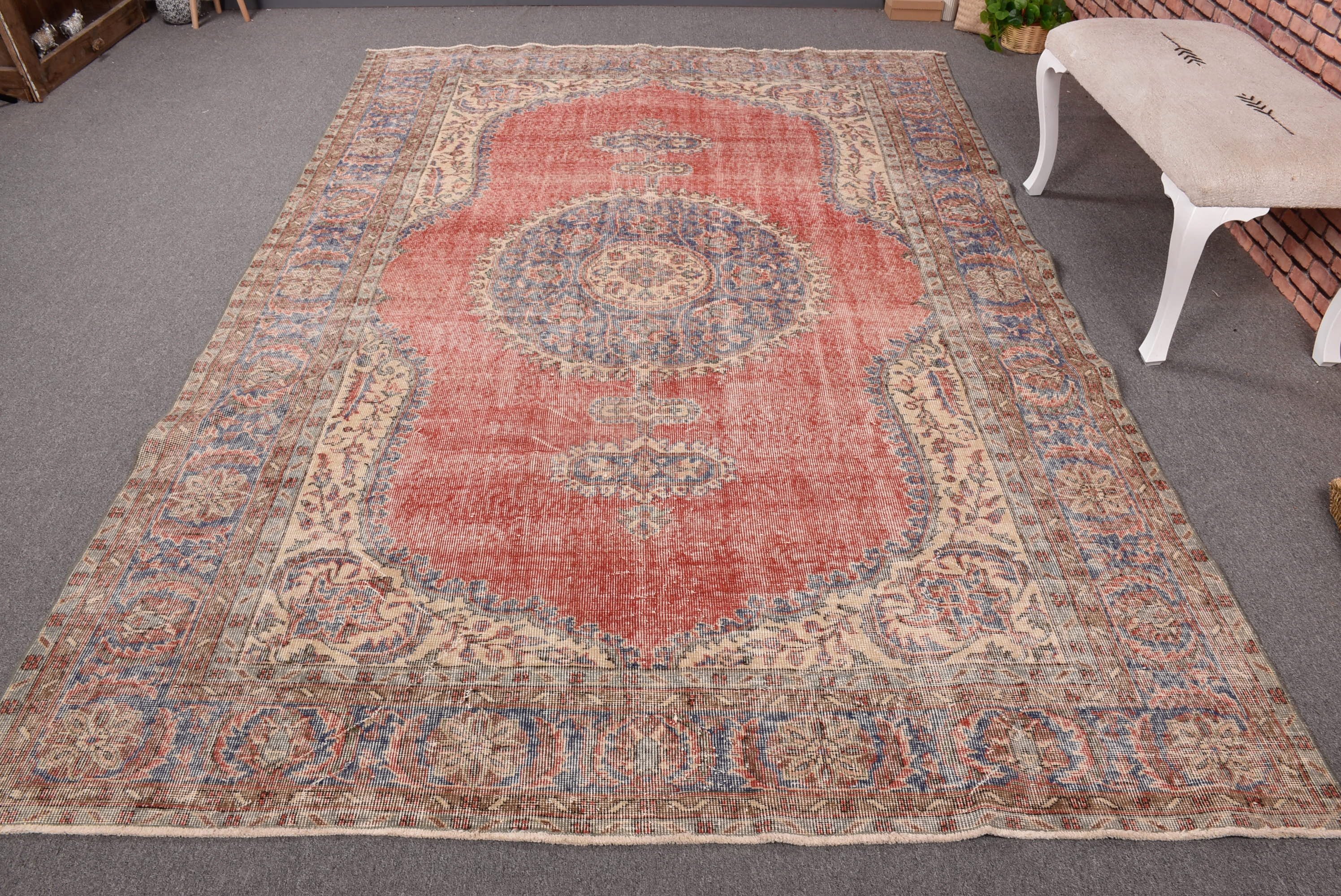 Büyük Vintage Halılar, 6.5x10 ft Büyük Halılar, Vintage Halılar, Geometrik Halı, Türk Halıları, Büyük Boho Halıları, Düz Dokuma Halılar, Kırmızı Yün Halı