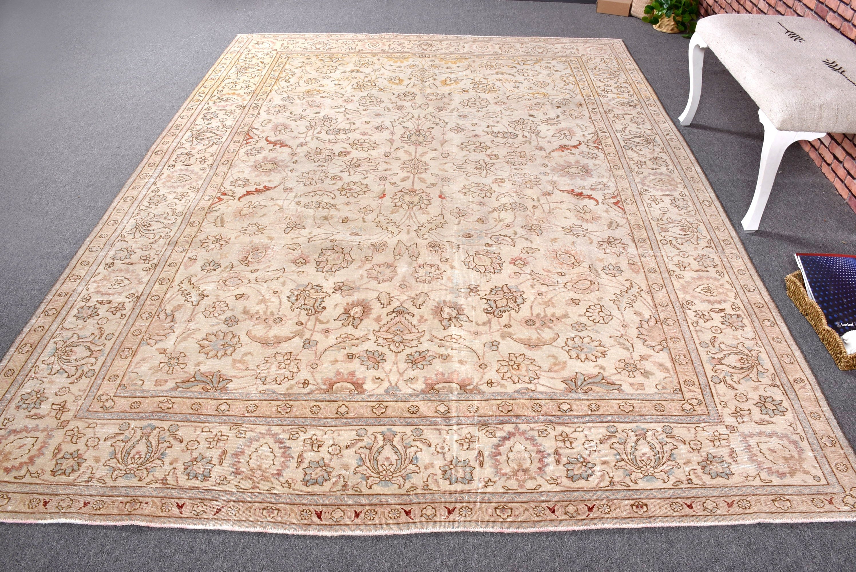 Türk Halısı, Geometrik Halı, Bej El Dokuma Halı, Lüks Halı, Oturma Odası Halısı, 7.2x9.8 ft Büyük Boy Halı, Vintage Halı, Yemek Odası Halıları