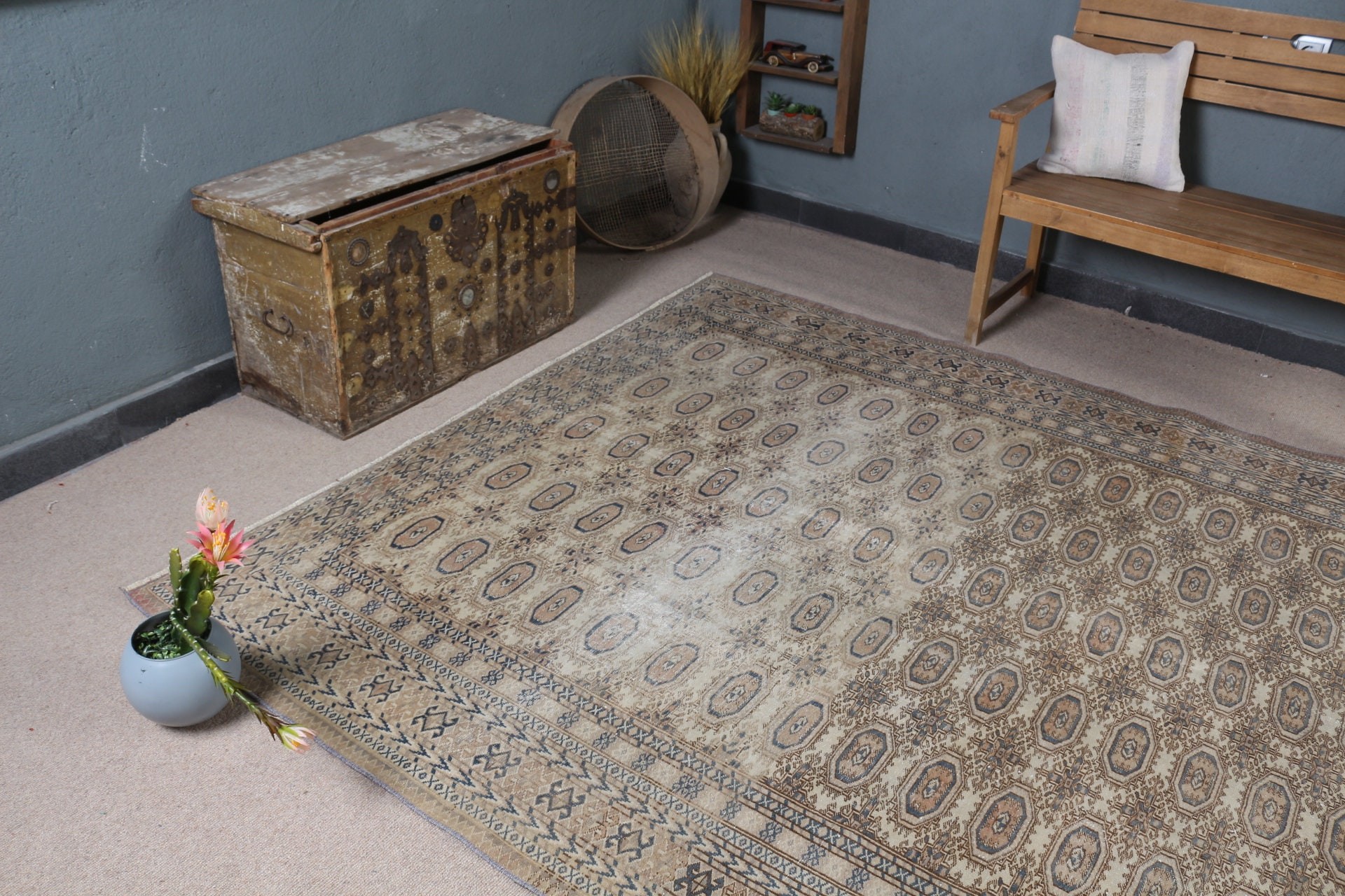 6.6x9.3 ft Large Rugs, Bedroom Rug, Bright Rug, Turkish Rug, Beige Kitchen Rug, Oriental Rug, Vintage Rug, Living Room Rugs, Kitchen Rugs