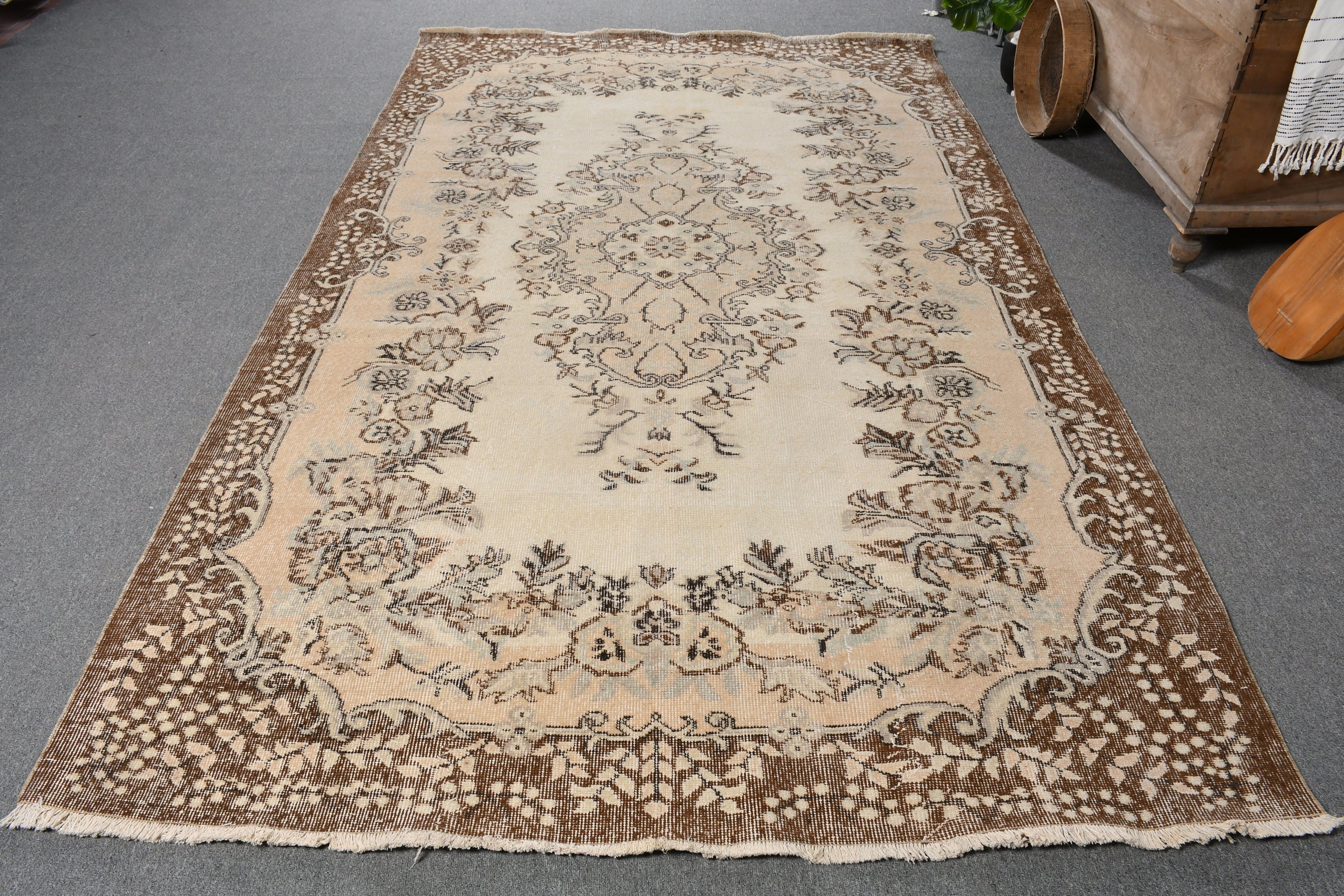 Bej Ev Dekor Halıları, Salon Halısı, 5.8x9.6 ft Büyük Halı, Göçebe Halıları, Türk Halısı, Oushak Halısı, Vintage Halı, Oturma Odası Halısı, Anadolu Halısı