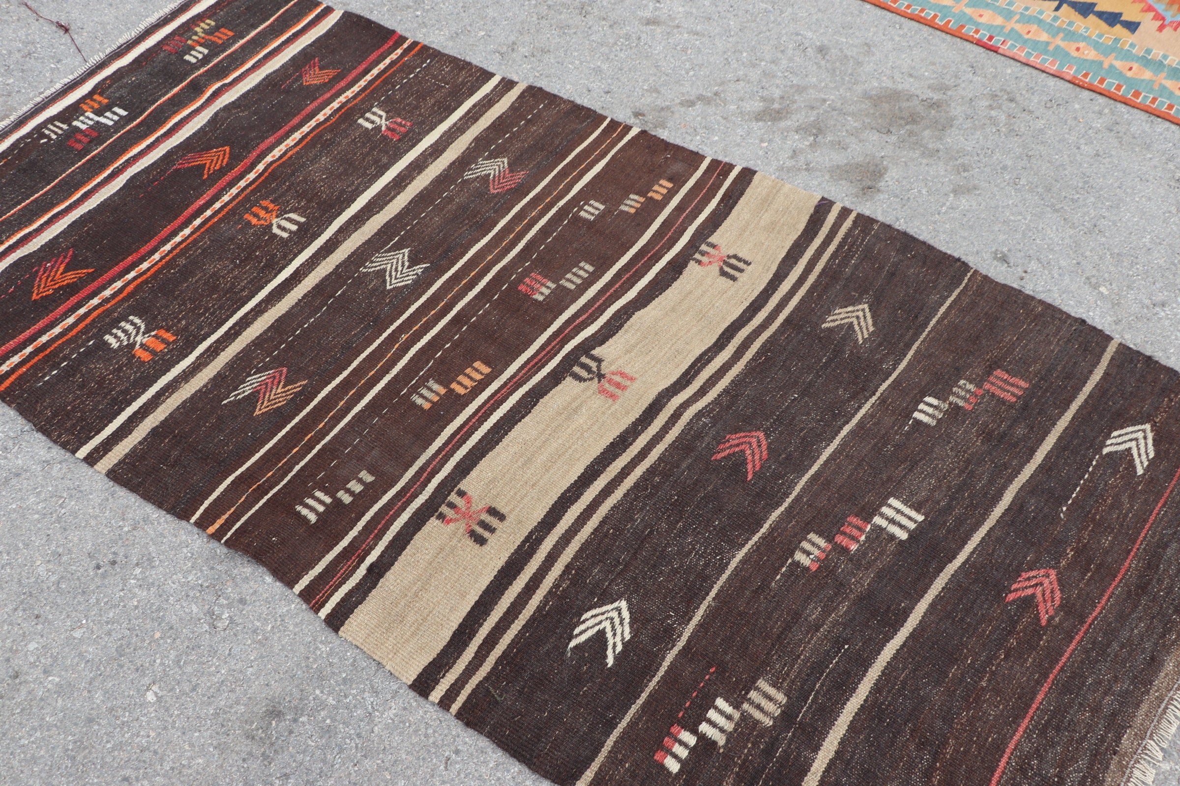 Turkish Rug, 3.5x7.2 ft Area Rug, Floor Rug, Retro Rug, Kilim, Dining Room Rug, Wool Rug, Brown Moroccan Rug, Kitchen Rugs, Vintage Rug