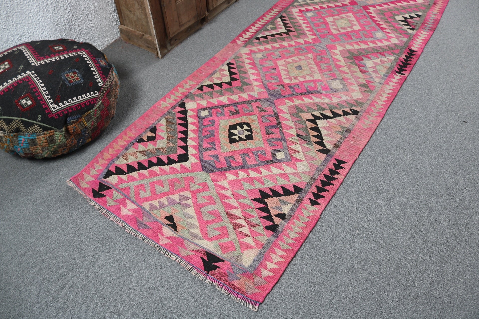 Handwoven Rug, Geometric Rug, 3.2x10.9 ft Runner Rug, Turkish Rug, Beni Ourain Runner Rugs, Pink Bedroom Rug, Vintage Rugs, Stair Rug