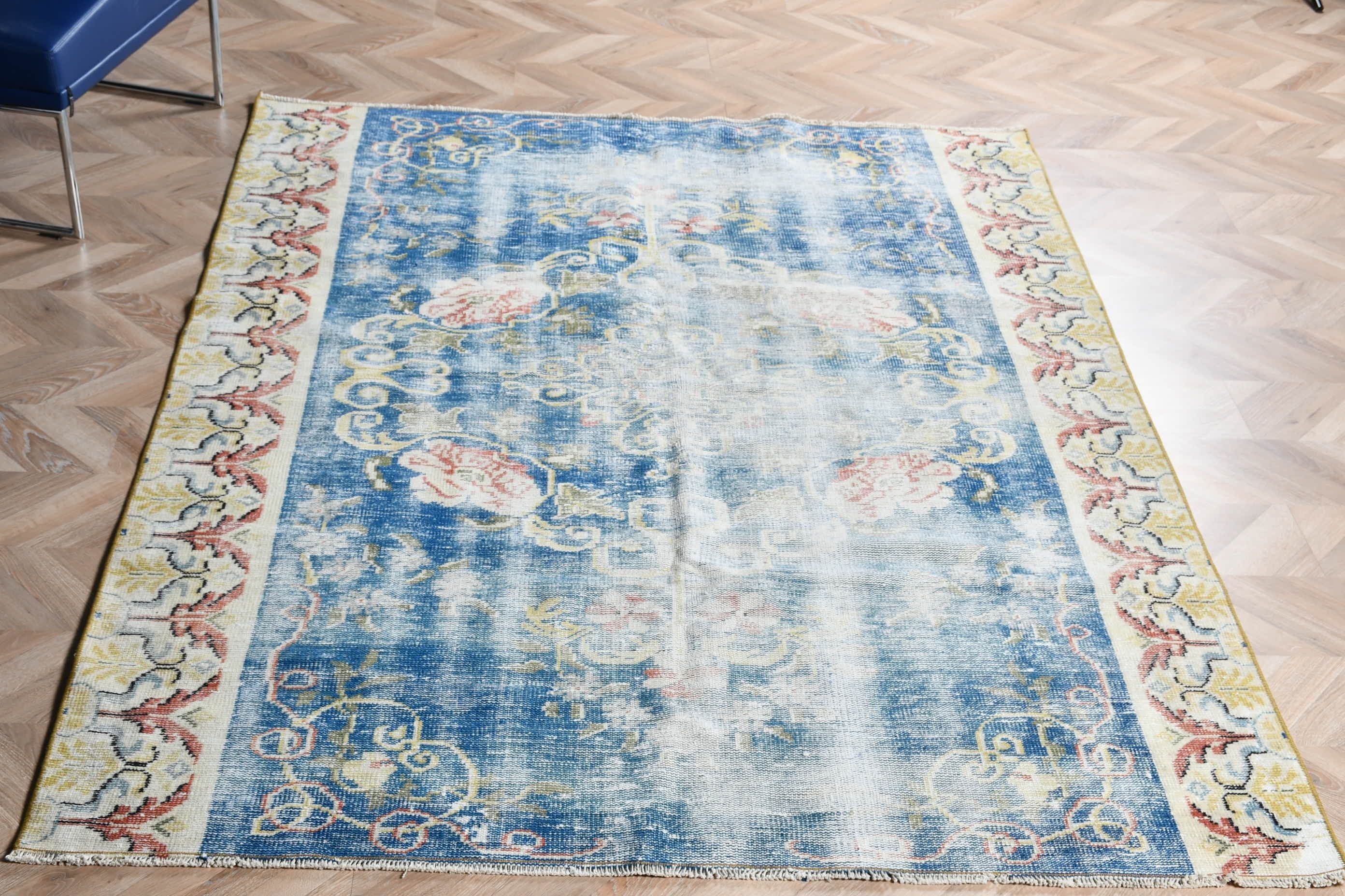 Rugs for Dining Room, 5.4x7.3 ft Area Rug, Blue Kitchen Rug, Kitchen Rug, Vintage Rug, Turkish Rug, Retro Rugs, Living Room Rug, Oushak Rug