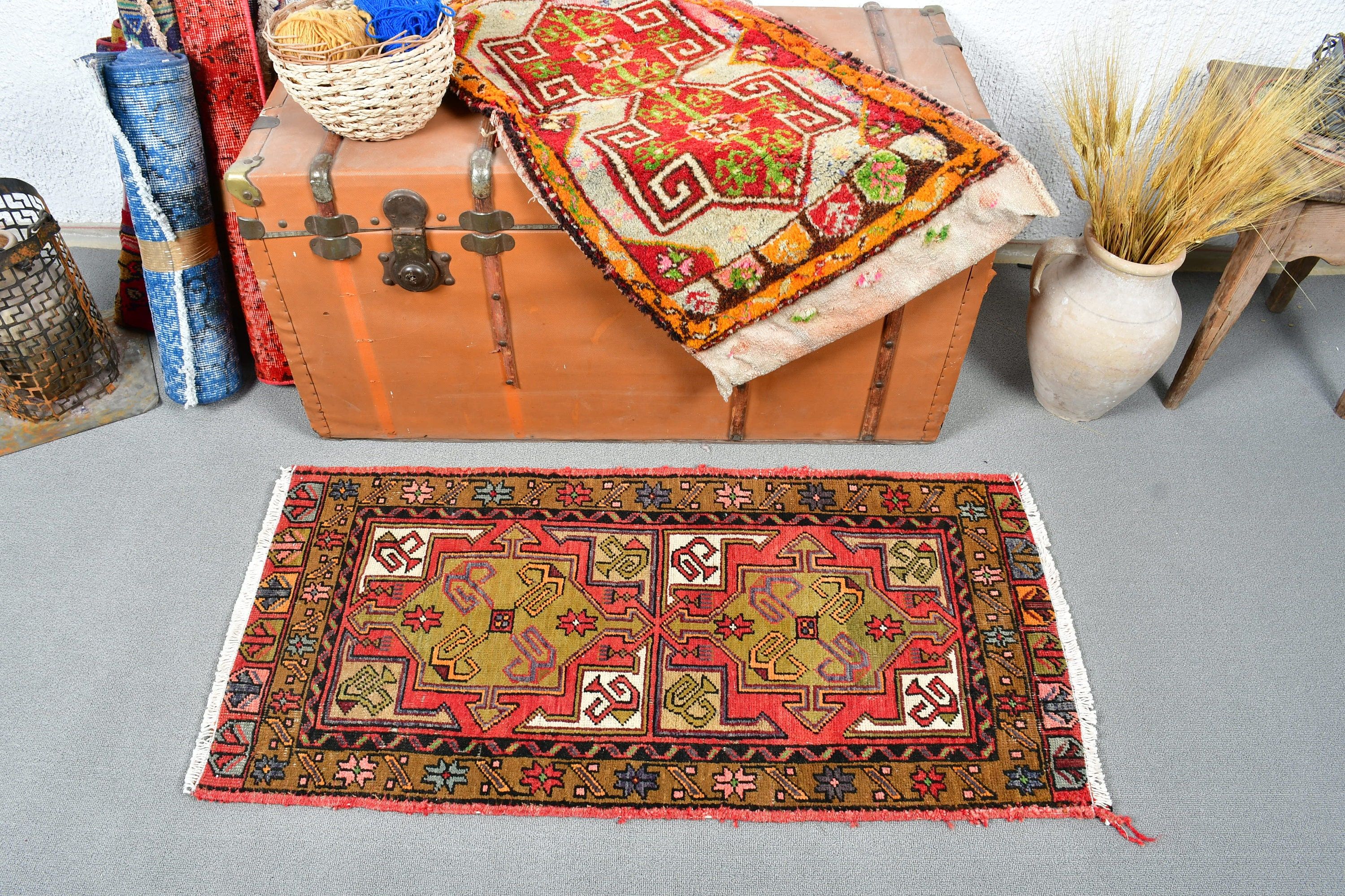 Moroccan Rug, Turkish Rugs, Red Wool Rug, Vintage Rug, Wall Hanging Rug, Bathroom Rug, 1.8x3.6 ft Small Rug, Aztec Rug