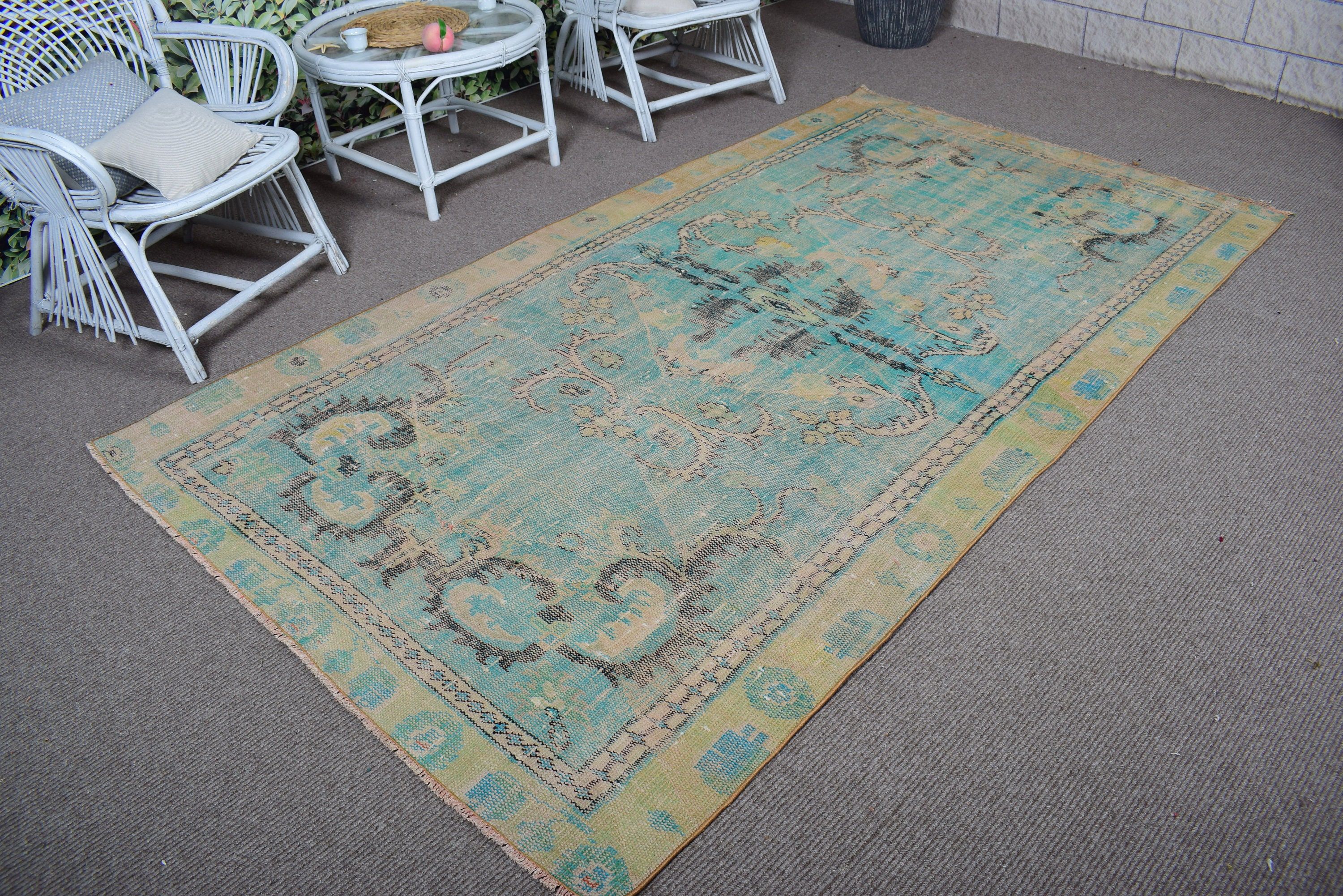 Turkish Rugs, Oushak Rug, Green Wool Rugs, Vintage Rug, 5x8.8 ft Large Rugs, Large Boho Rugs, Large Oushak Rugs, Organic Rug