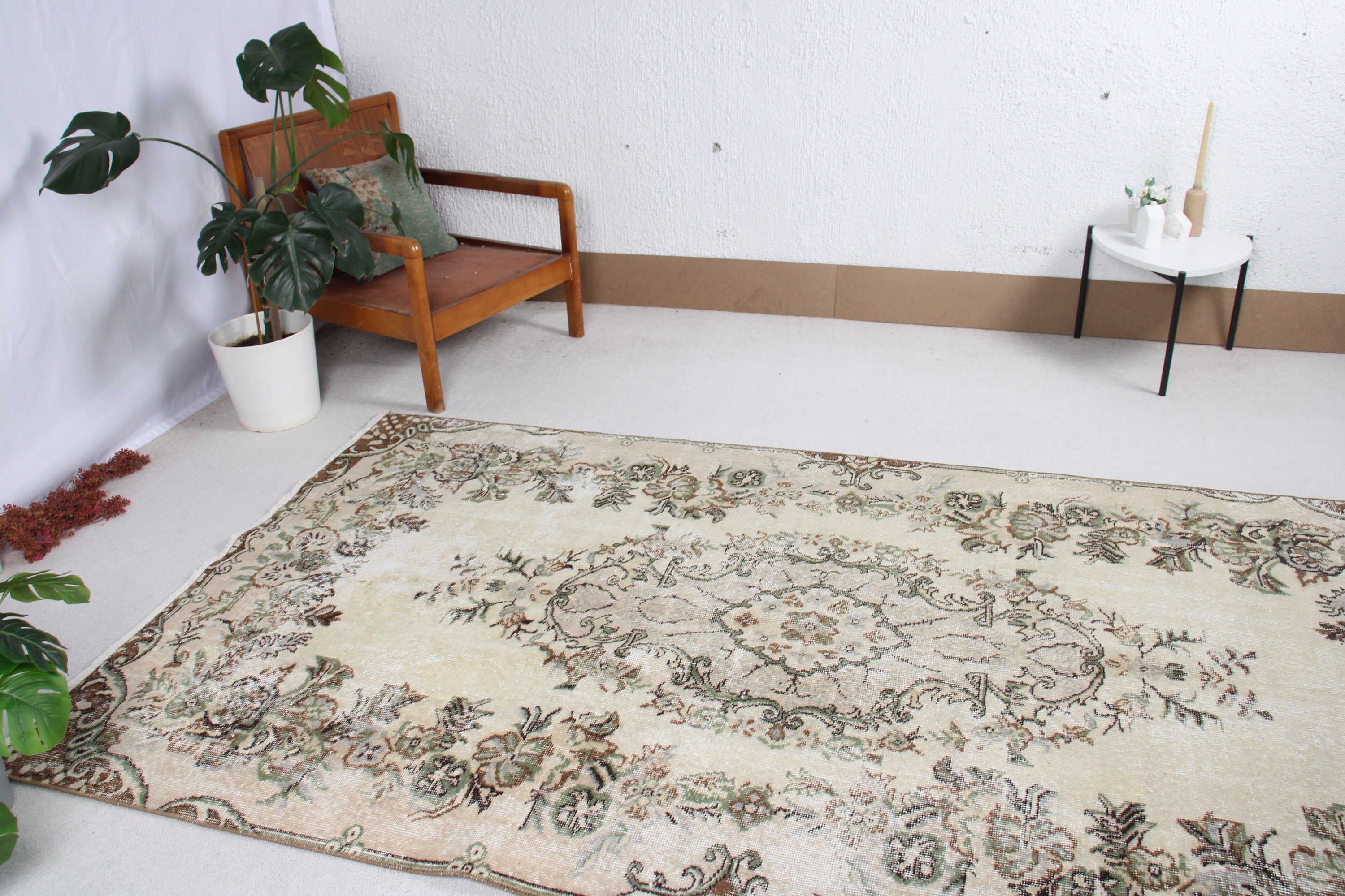 Vintage Halılar, Büyük Vintage Halılar, Yemek Odası Halısı, Ev Dekor Halısı, Bej 4.8x8.7 ft Büyük Halılar, Türk Halısı, Havalı Halı