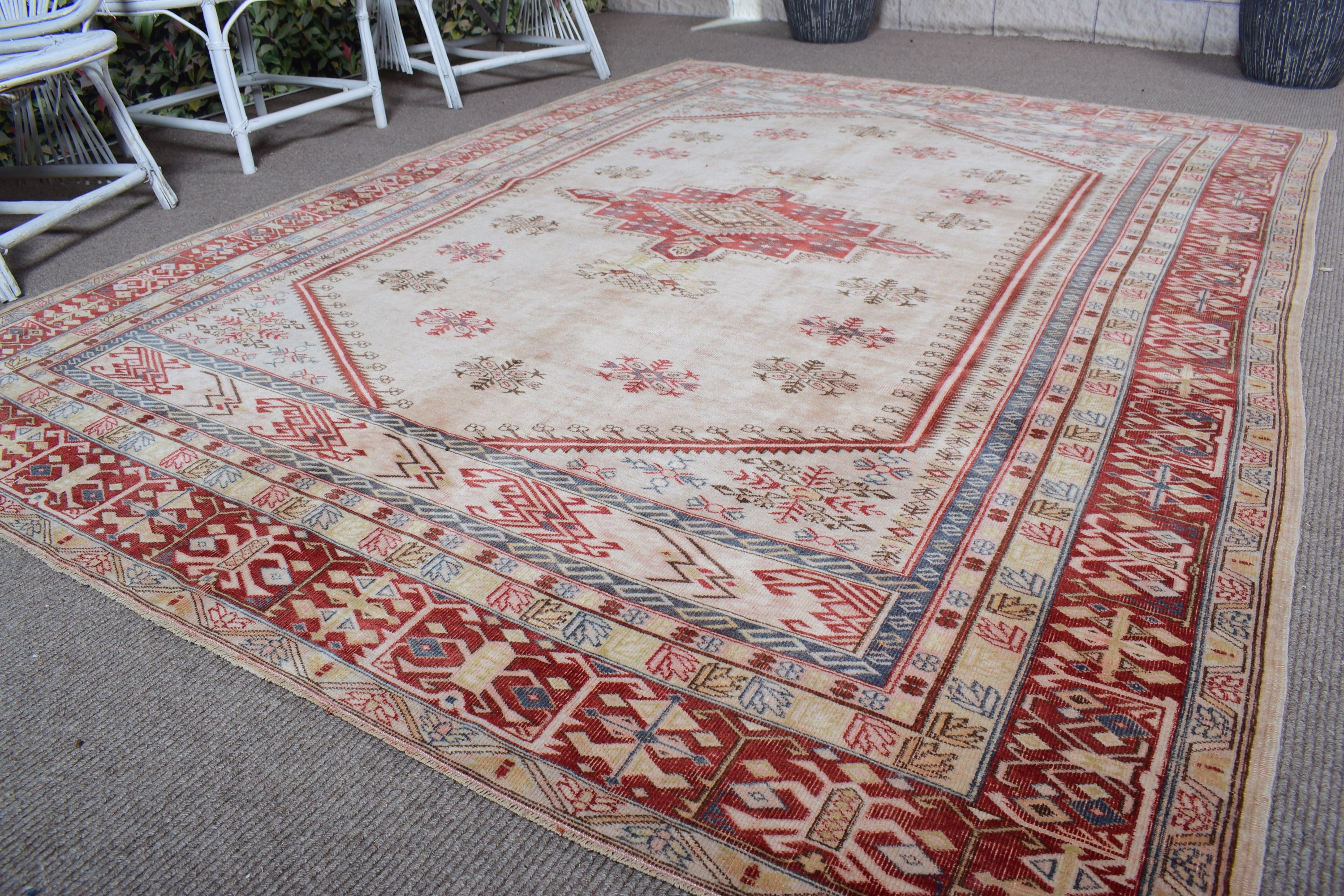 Vintage Halılar, 6.5x8.7 ft Büyük Halılar, Türk Halıları, Bej Yatak Odası Halıları, Büyük Boho Halıları, Büyük Oushak Halısı, Anadolu Halıları, Nötr Halı