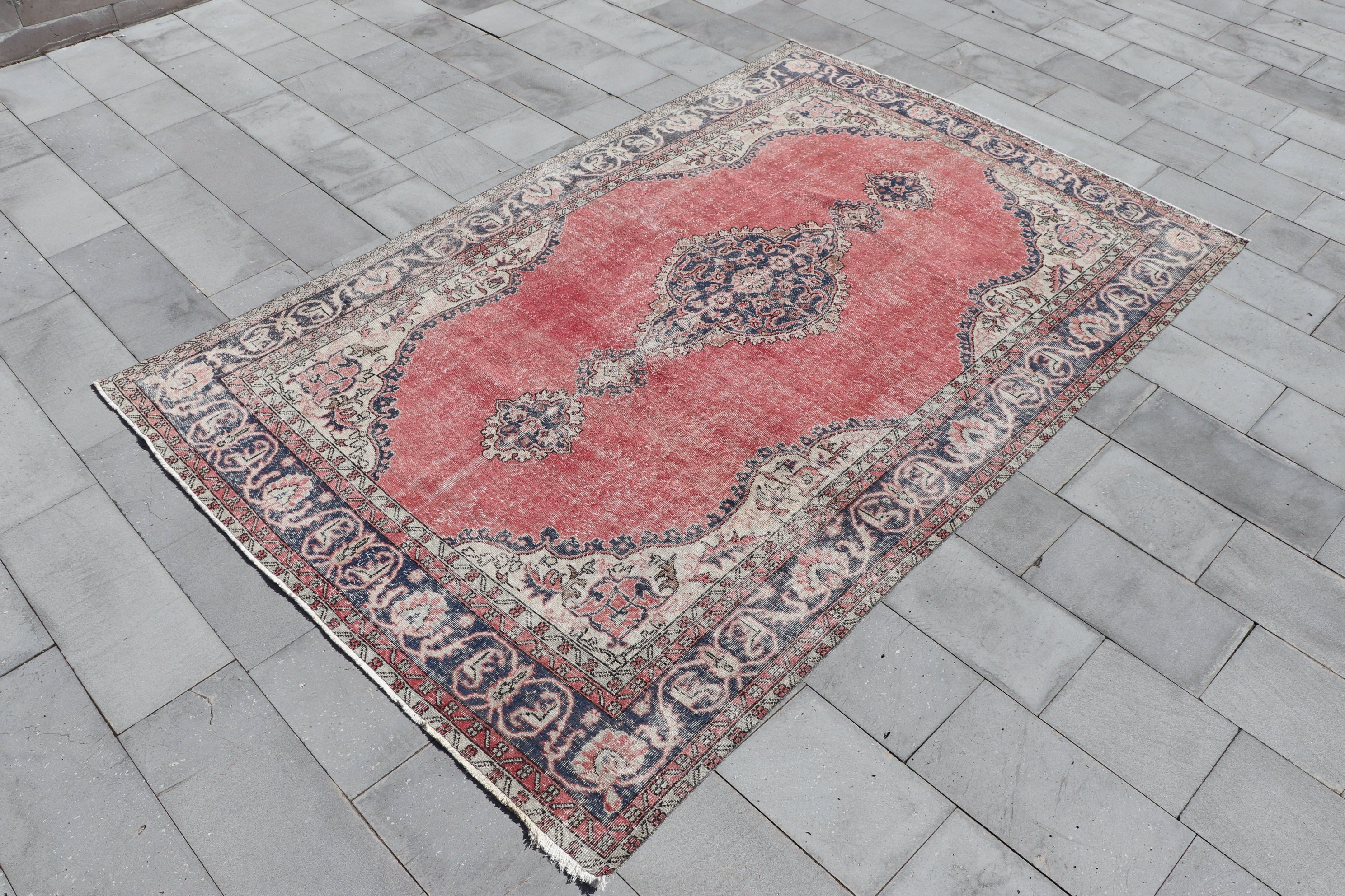 Oushak Rugs, Turkish Rug, Saloon Rugs, Red  6.9x10.3 ft Oversize Rugs, Pastel Rugs, Vintage Rugs, Salon Rug, Wool Rugs