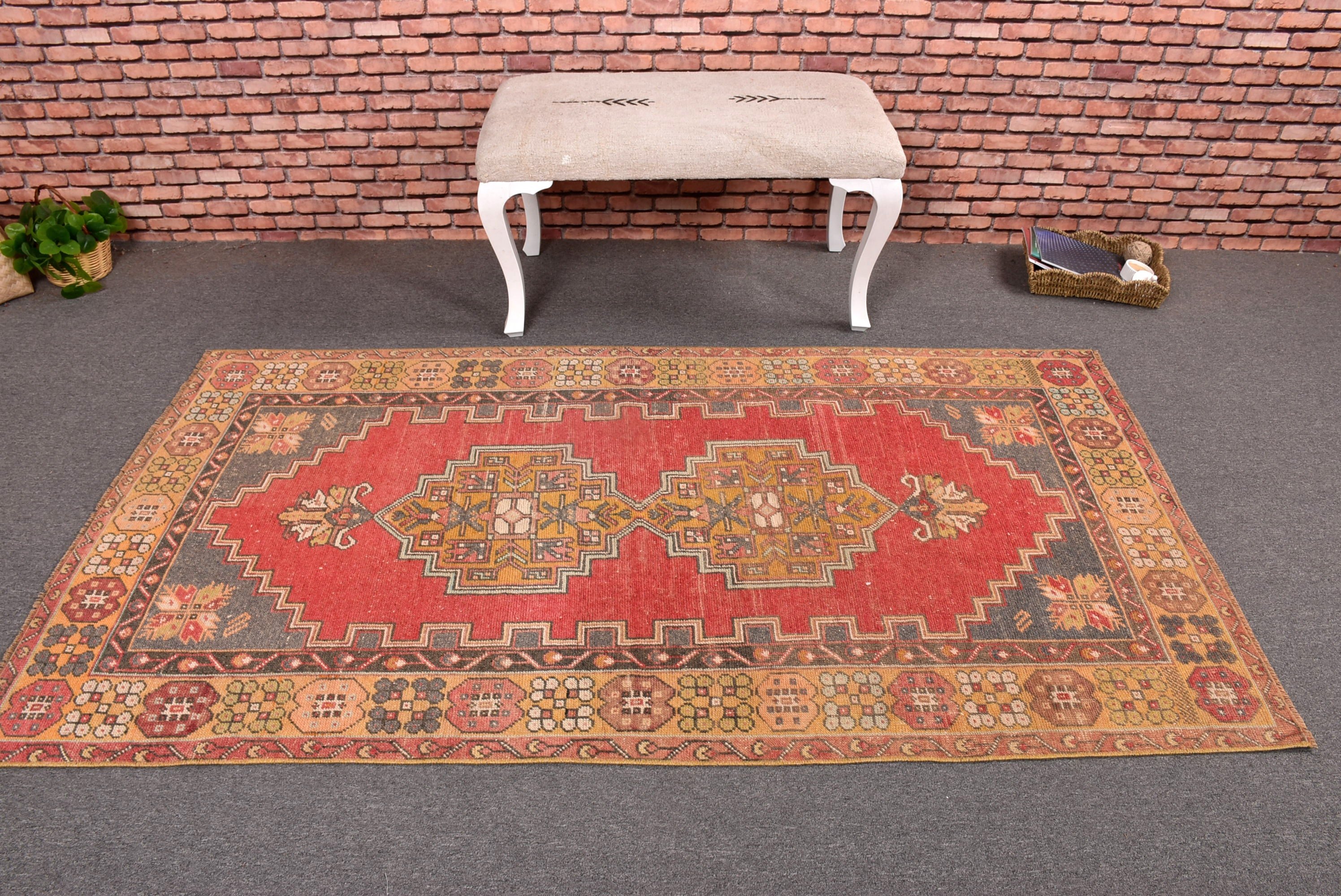 Vintage Rug, Floor Rug, Turkish Rug, Red Antique Rugs, 3.7x6.9 ft Area Rugs, Geometric Rugs, Vintage Area Rug, Office Rug